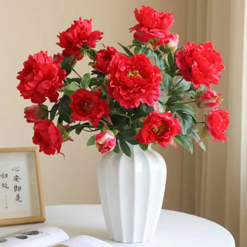 3-Head Silk Peony Flower with Stems Home Decor Arrangement