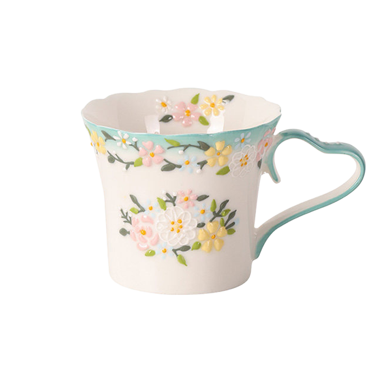 3D Embossed Flower Ceramic Coffee Tea Mug with Heart-Shaped Handle