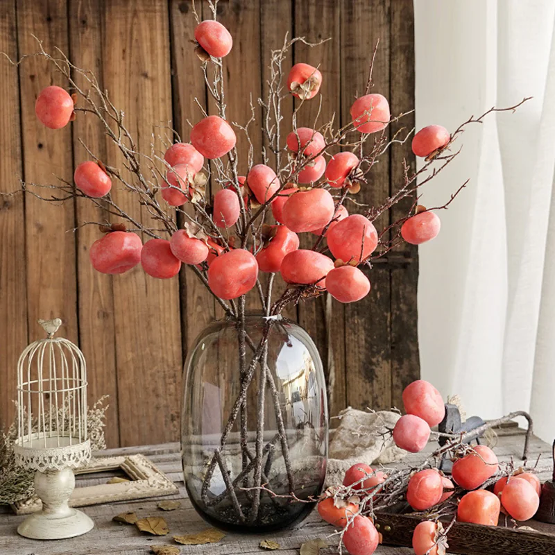 4-Head Frosted Persimmon Fruit Home Decor Branch Floral Arrangement