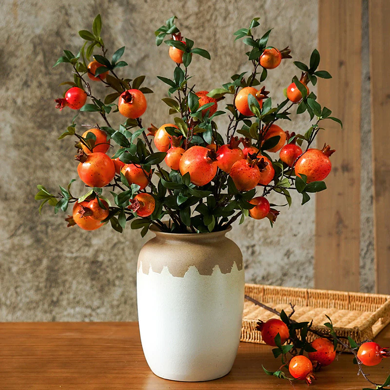 6-Head Artificial Pomegranate Fruit Long Stem Branch Home Decor