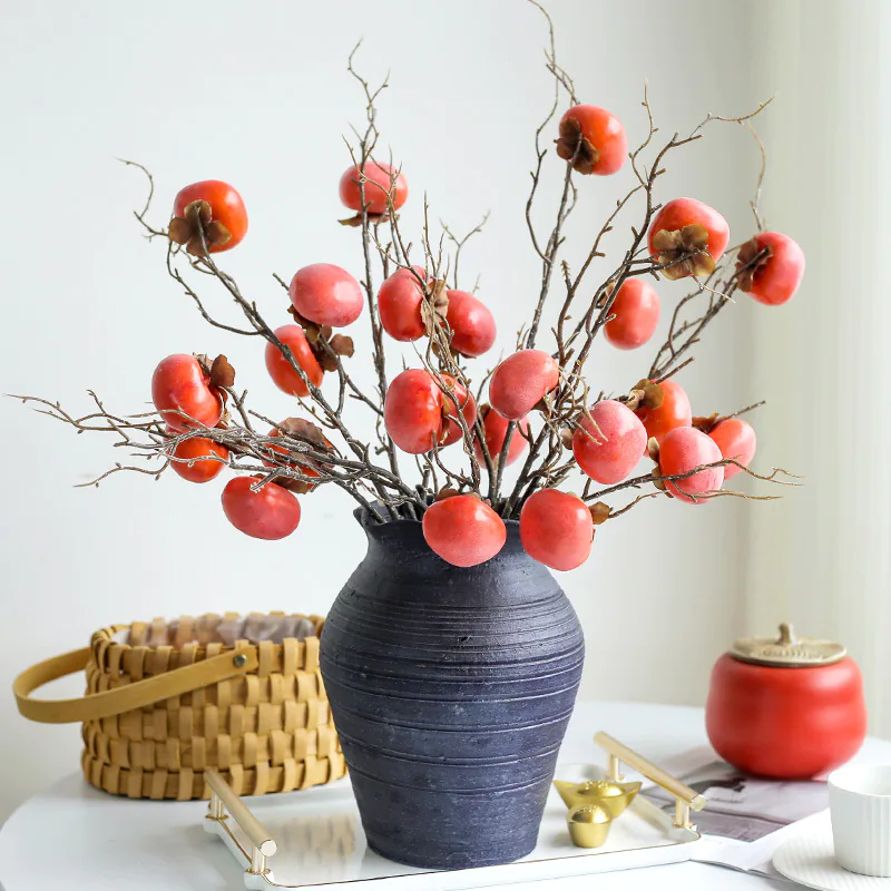 7-Head Artificial Home Decor Frosted Persimmon Fruit with Branches