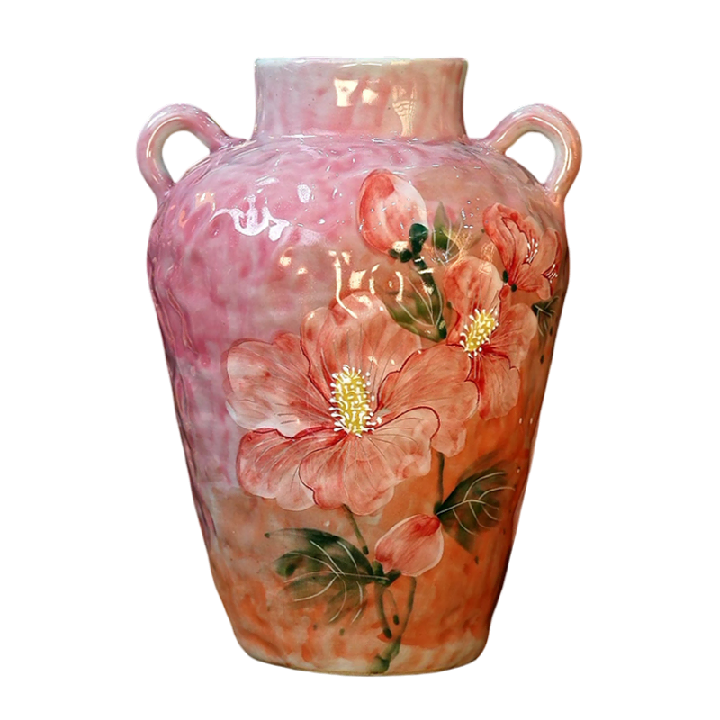 Aesthetic Underglazed Oil Painting Style Hollyhock Floral Ceramic Vase