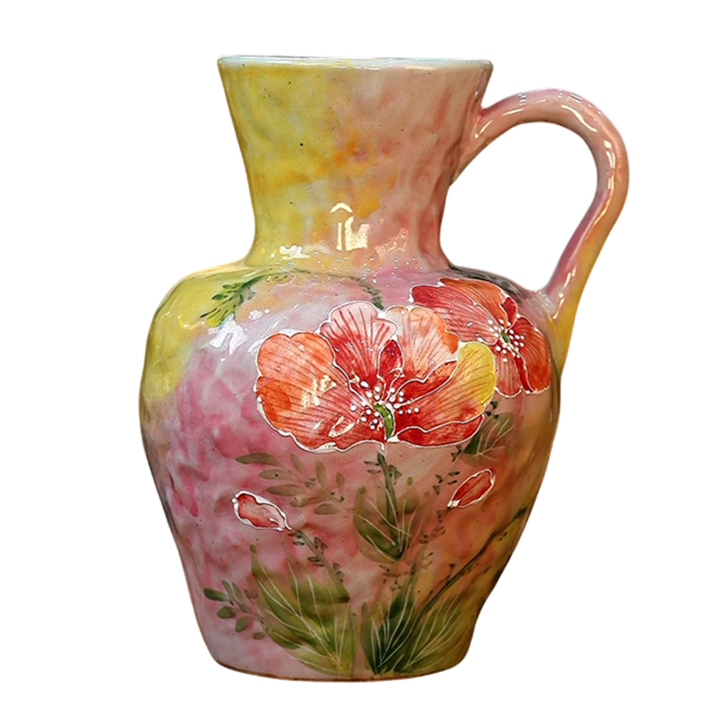 Artistic Vintage Oil Painting Style Poppy Floral Single-Handle Ceramic Vase