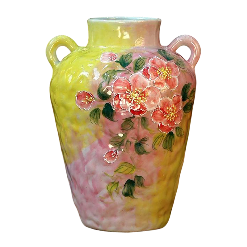 Cherry Blossom Underglaze Painting Double Handle Ceramic Table Vase