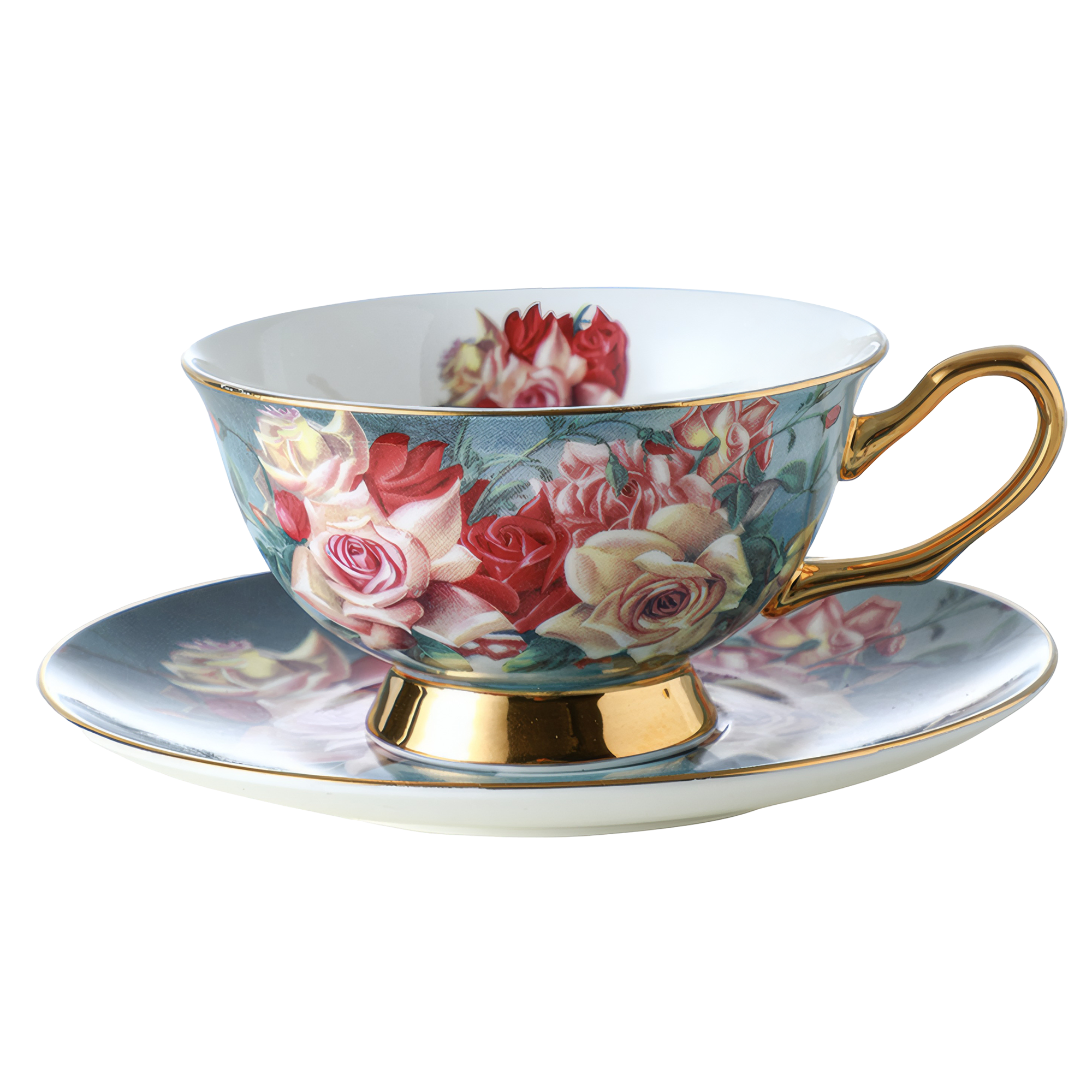 Classic European Gold Trim Floral Tea Coffee Cup Saucer Set Home Decor