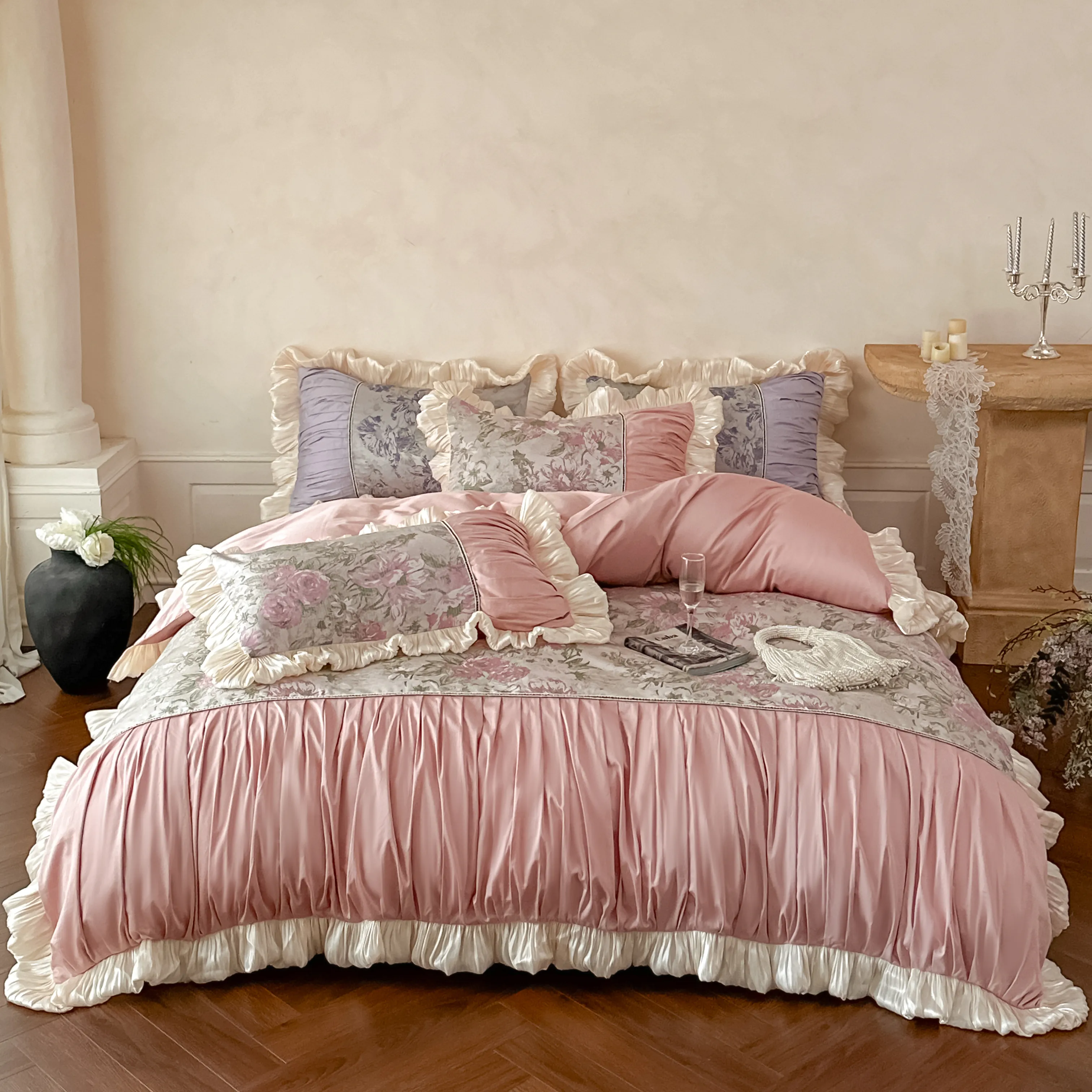 Classical Oil Painting 60S Jacquard Peony Patchwork Ruffle Duvet Cover Set01