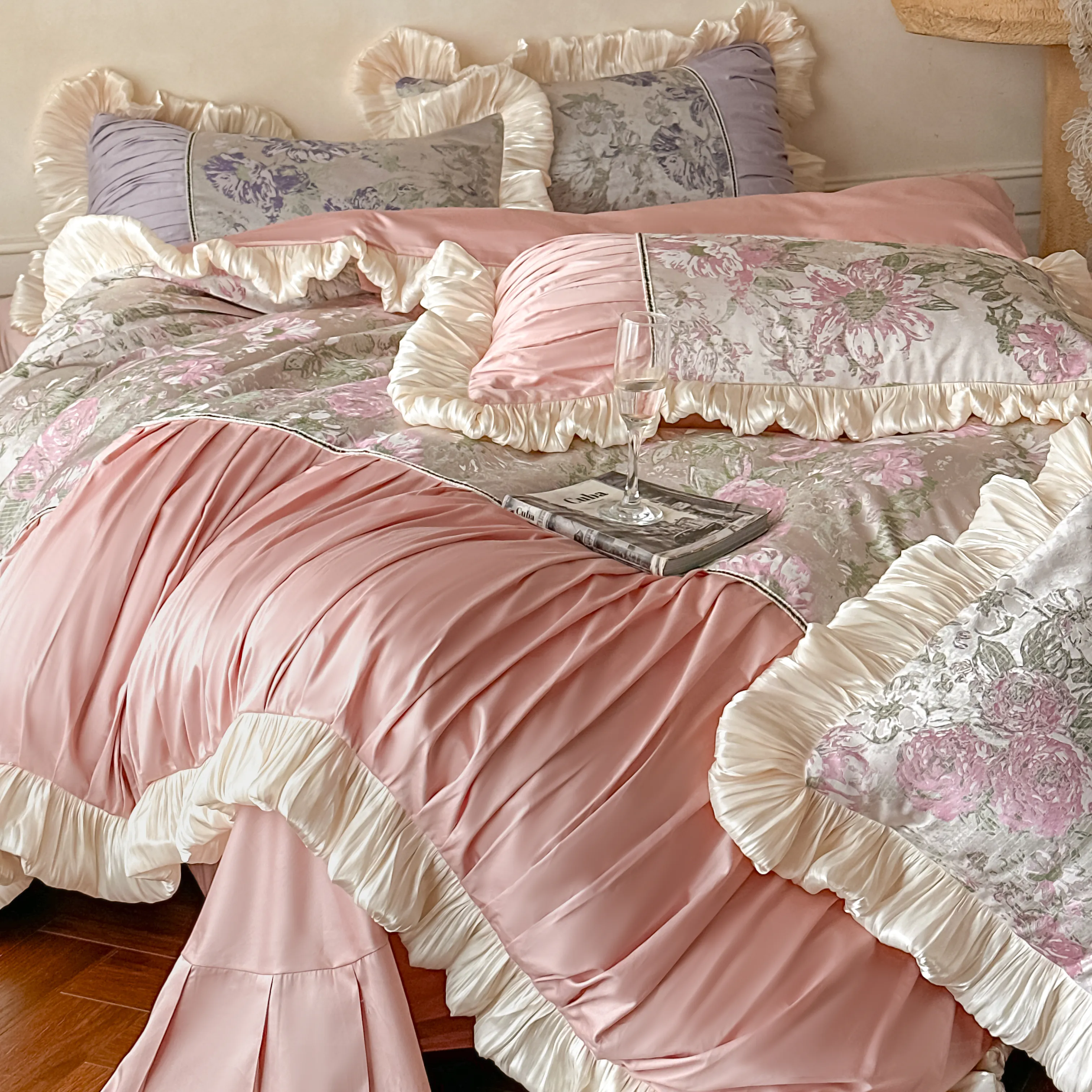 Classical Oil Painting 60S Jacquard Peony Patchwork Ruffle Duvet Cover Set03 Classical Oil Painting 60S Jacquard Peony Patchwork Ruffle Duvet Cover Set03
