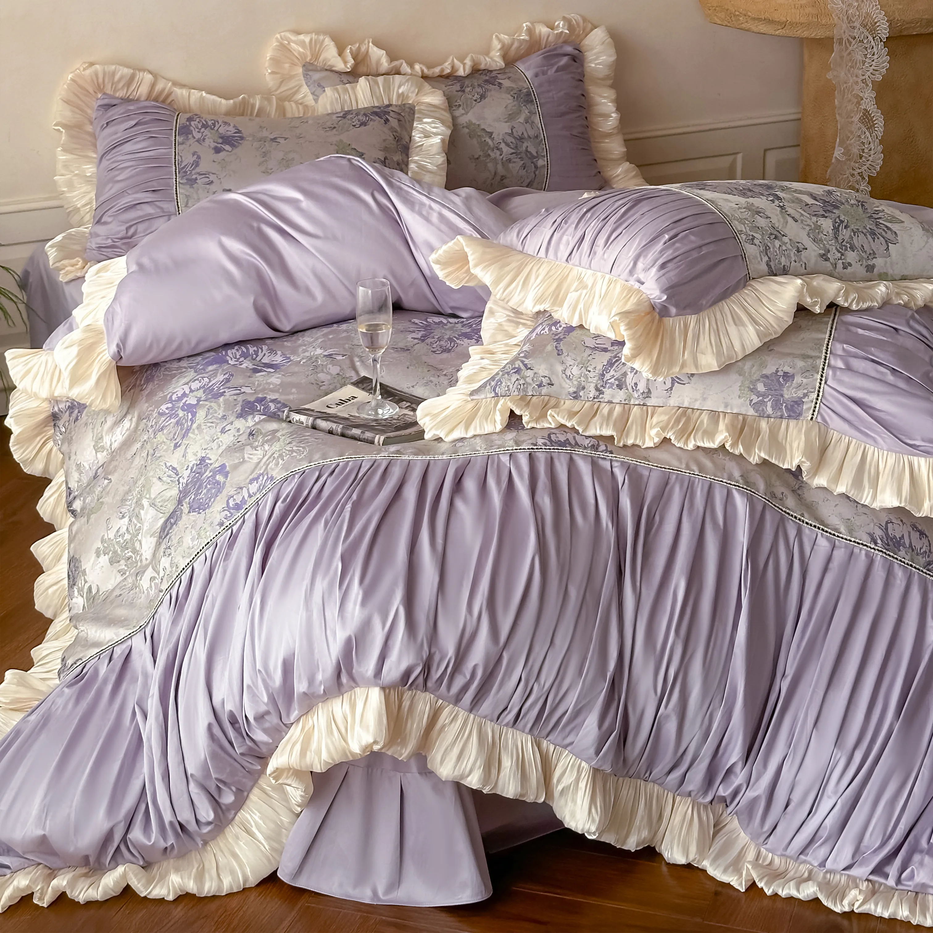 Classical Oil Painting 60S Jacquard Peony Patchwork Ruffle Duvet Cover Set15 Classical Oil Painting 60S Jacquard Peony Patchwork Ruffle Duvet Cover Set15
