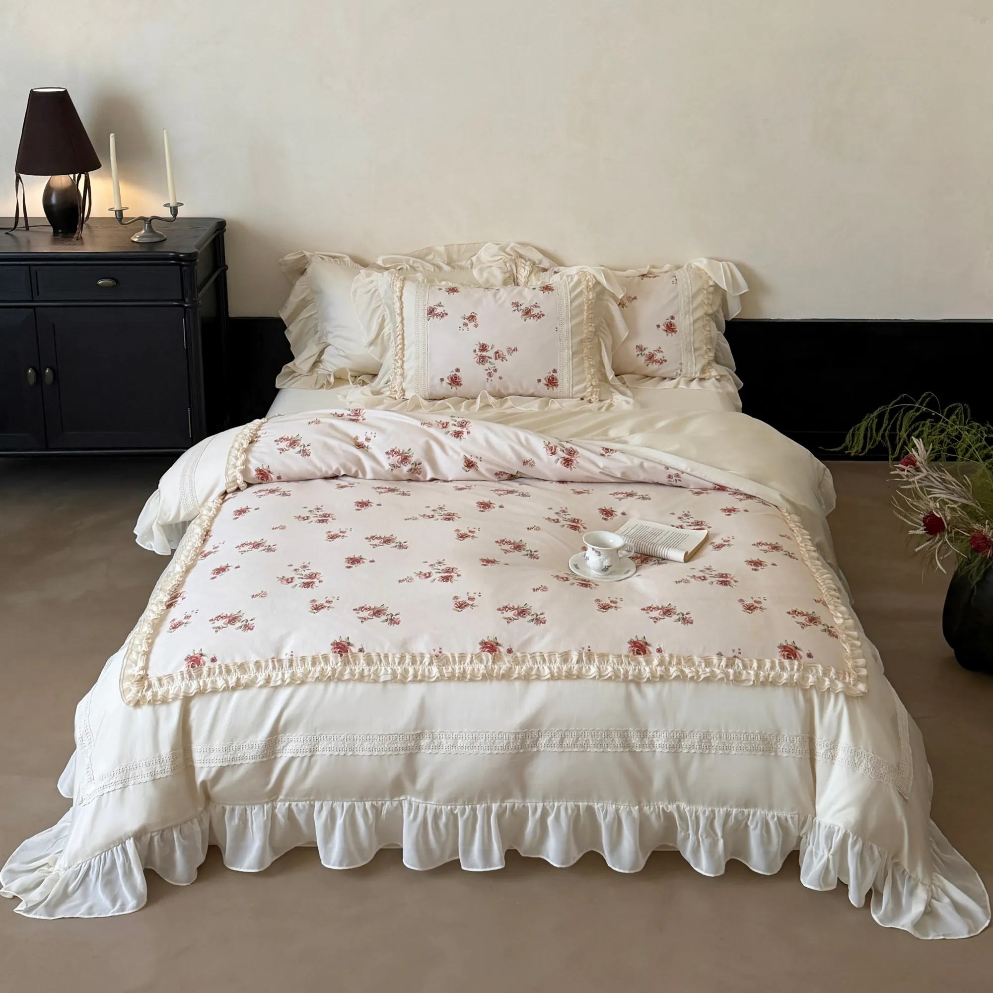 Cottagecore Soft Floral Print 100s Long Staple Cotton Duvet Cover 4 Pcs Set01