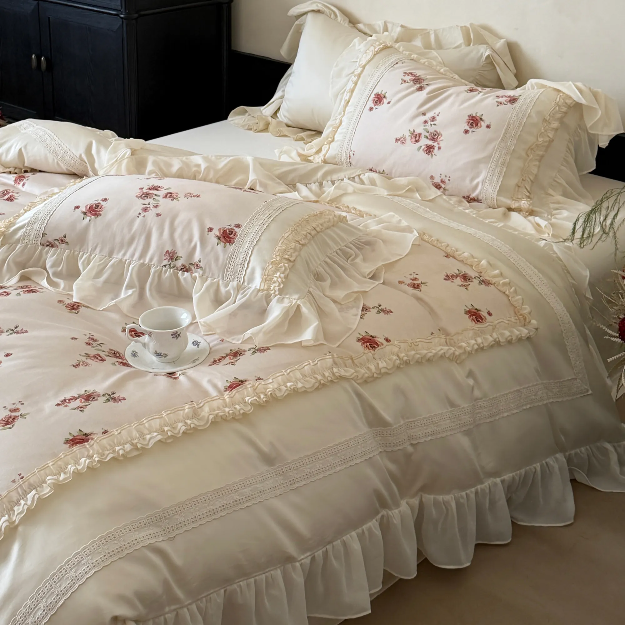 Cottagecore Soft Floral Print 100s Long Staple Cotton Duvet Cover 4 Pcs Set02