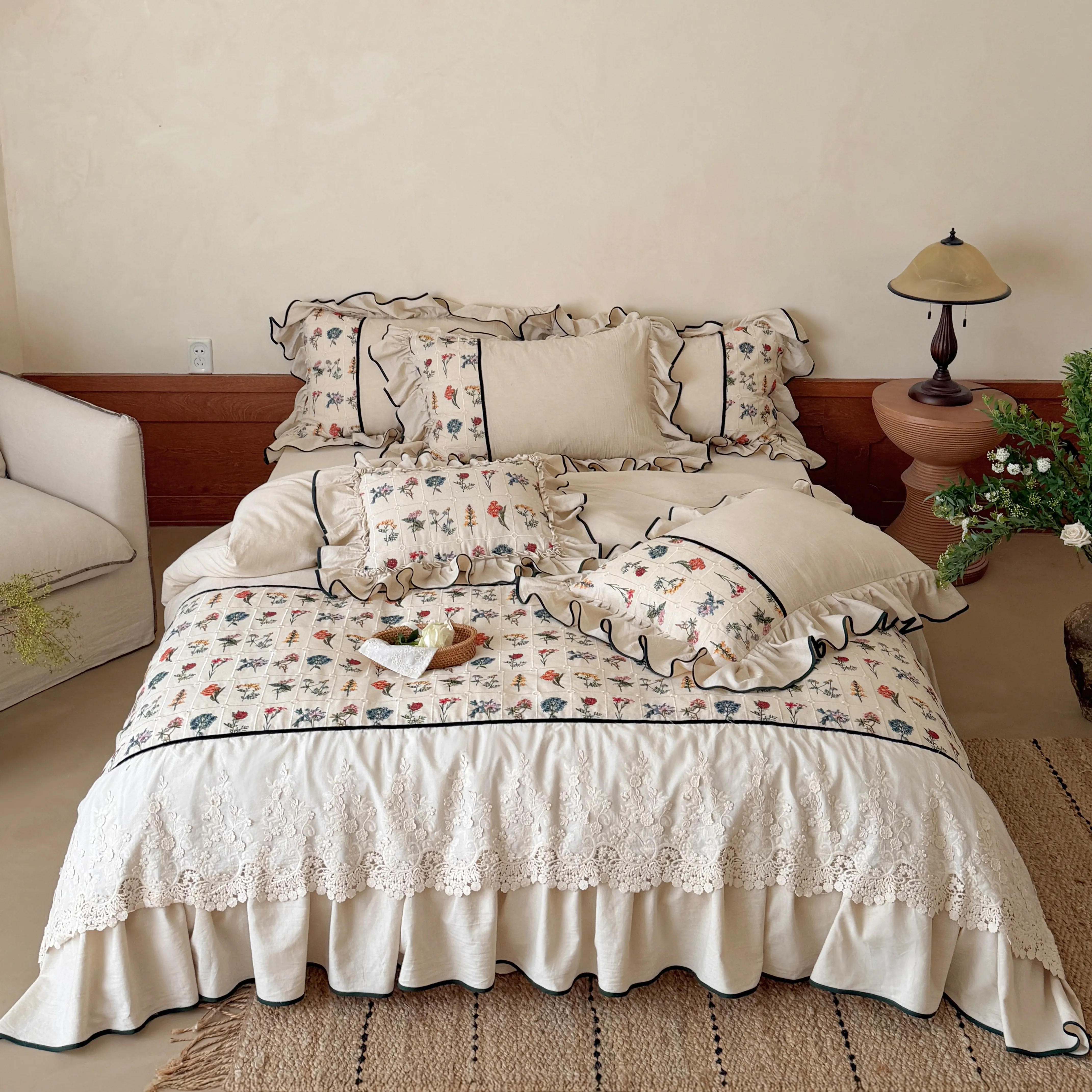 Country Botanical Cotton Linen Floral Embroidered Lace Ruffle Bedding Set01