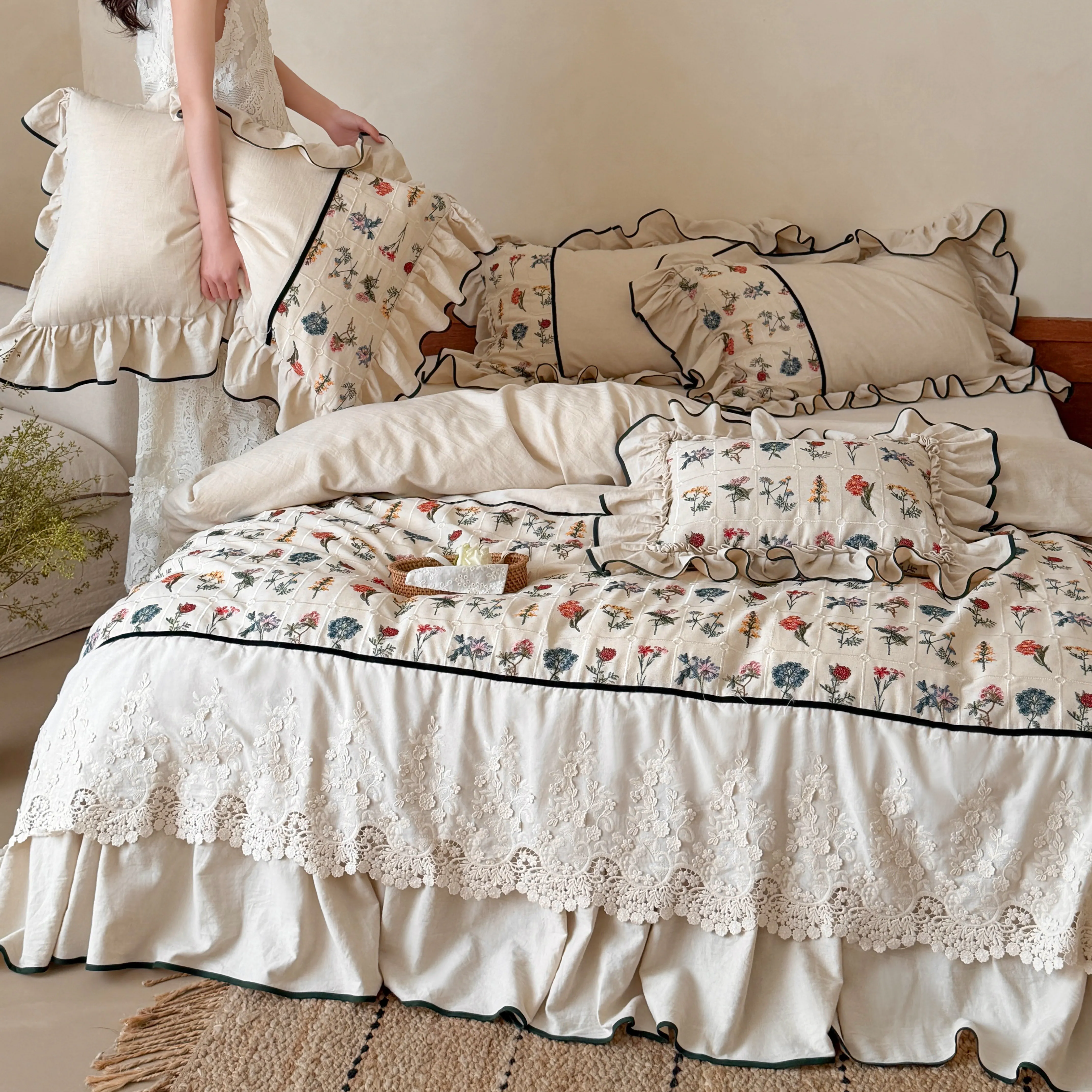 Country Botanical Cotton Linen Floral Embroidered Lace Ruffle Bedding Set02