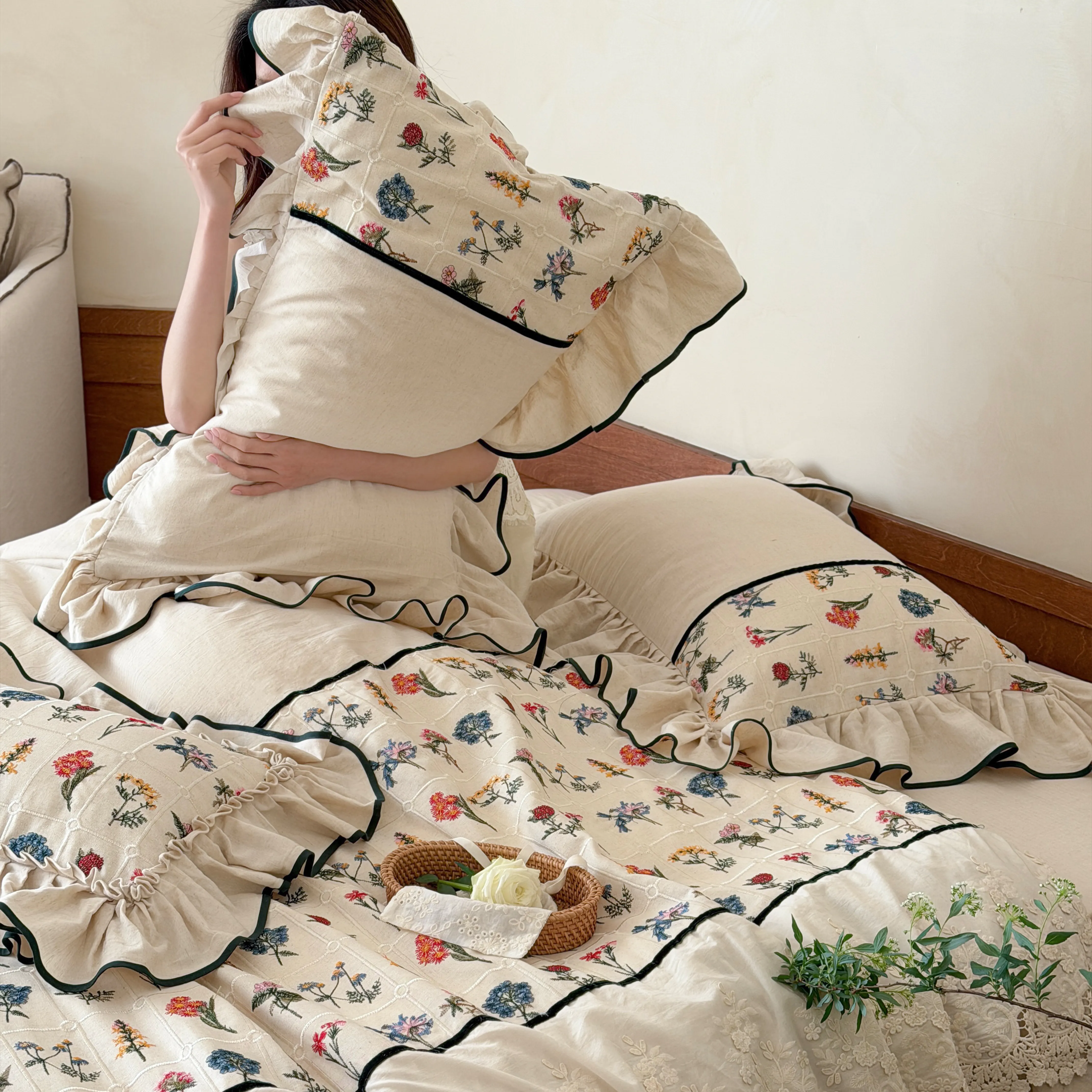 Country Botanical Cotton Linen Floral Embroidered Lace Ruffle Bedding Set07 Country Botanical Cotton Linen Floral Embroidered Lace Ruffle Bedding Set07