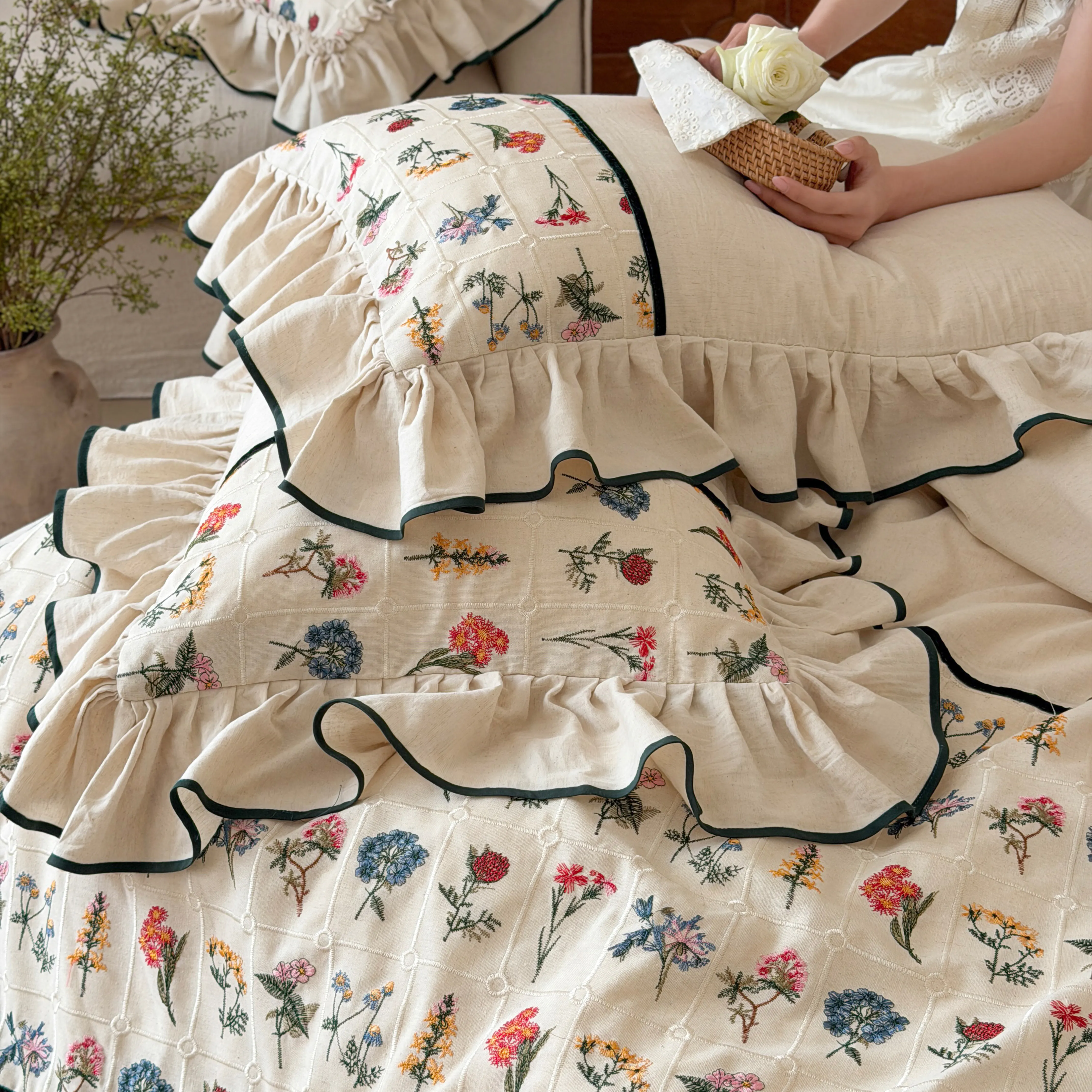Country Botanical Cotton Linen Floral Embroidered Lace Ruffle Bedding Set08 Country Botanical Cotton Linen Floral Embroidered Lace Ruffle Bedding Set08