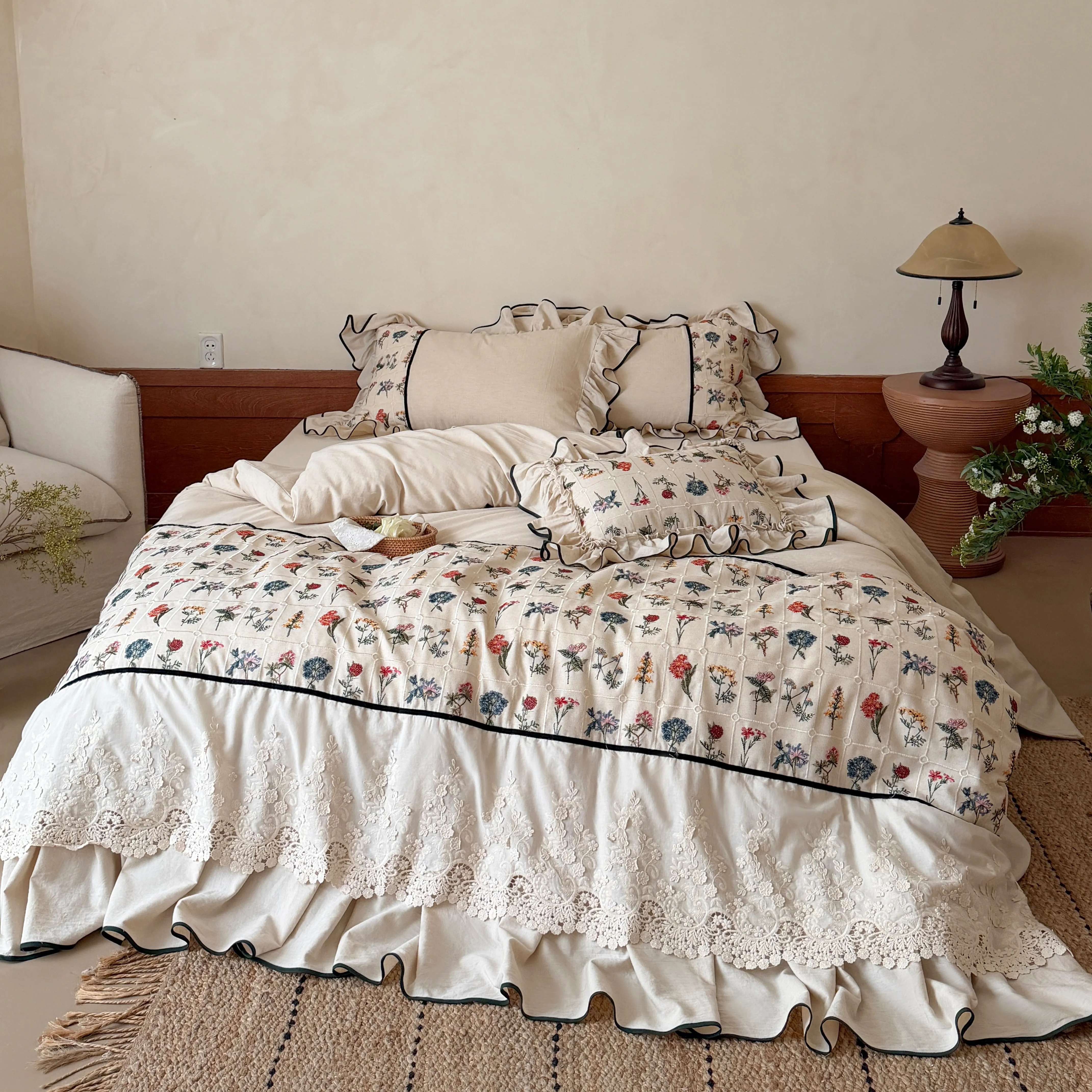 Country Botanical Cotton Linen Floral Embroidered Lace Ruffle Bedding Set09 Country Botanical Cotton Linen Floral Embroidered Lace Ruffle Bedding Set09