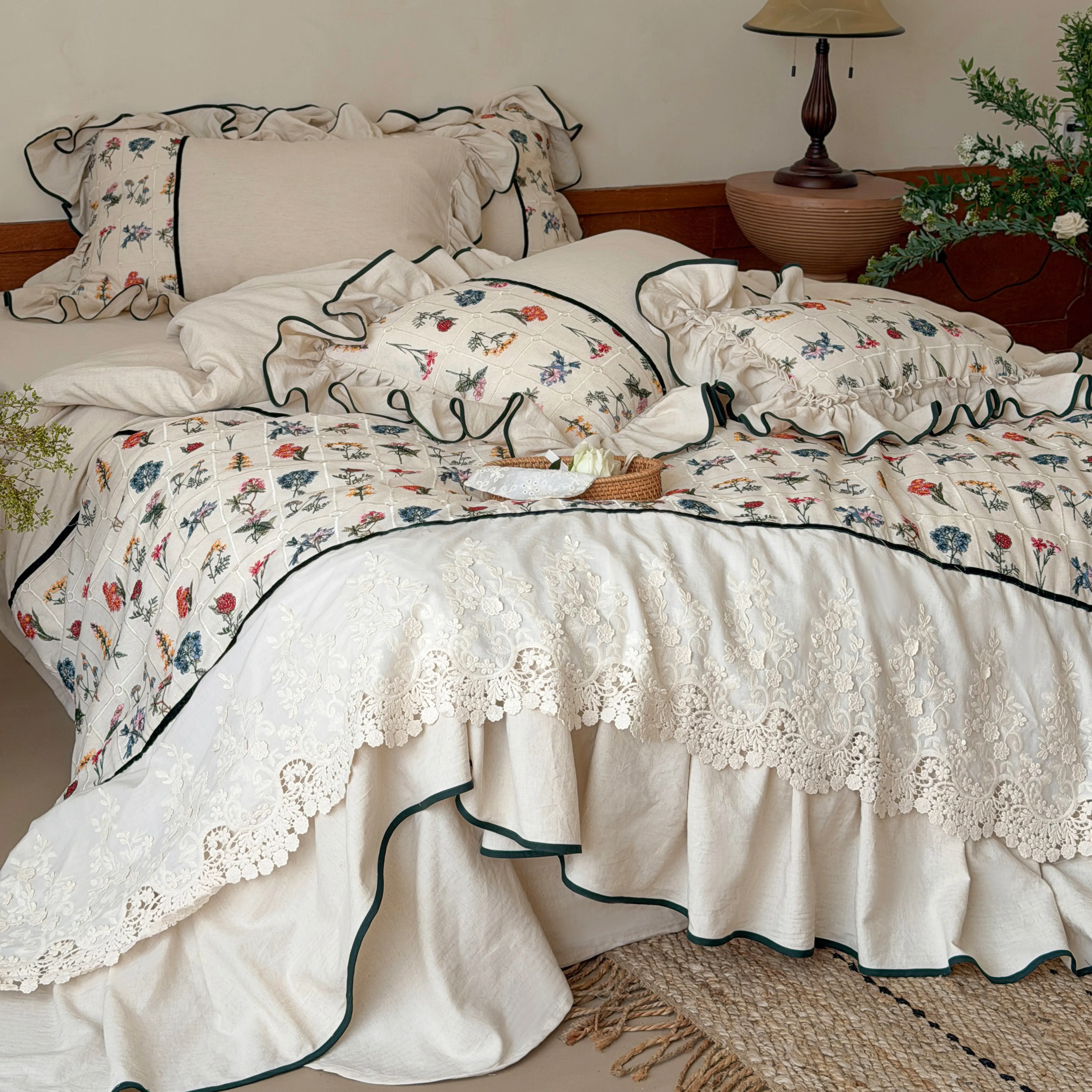 Country Botanical Cotton Linen Floral Embroidered Lace Ruffle Bedding Set10 Country Botanical Cotton Linen Floral Embroidered Lace Ruffle Bedding Set10