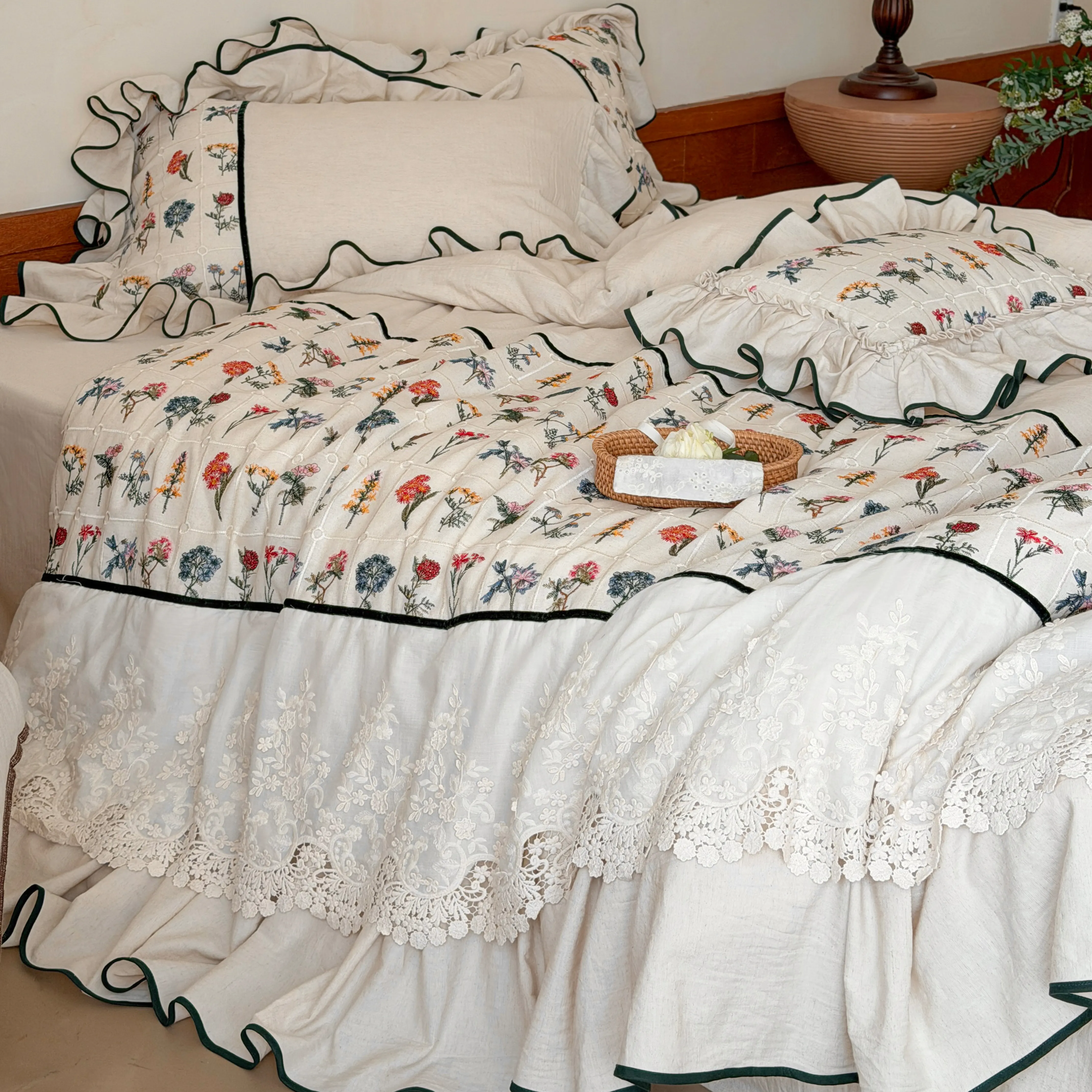 Country Botanical Cotton Linen Floral Embroidered Lace Ruffle Bedding Set11 Country Botanical Cotton Linen Floral Embroidered Lace Ruffle Bedding Set11