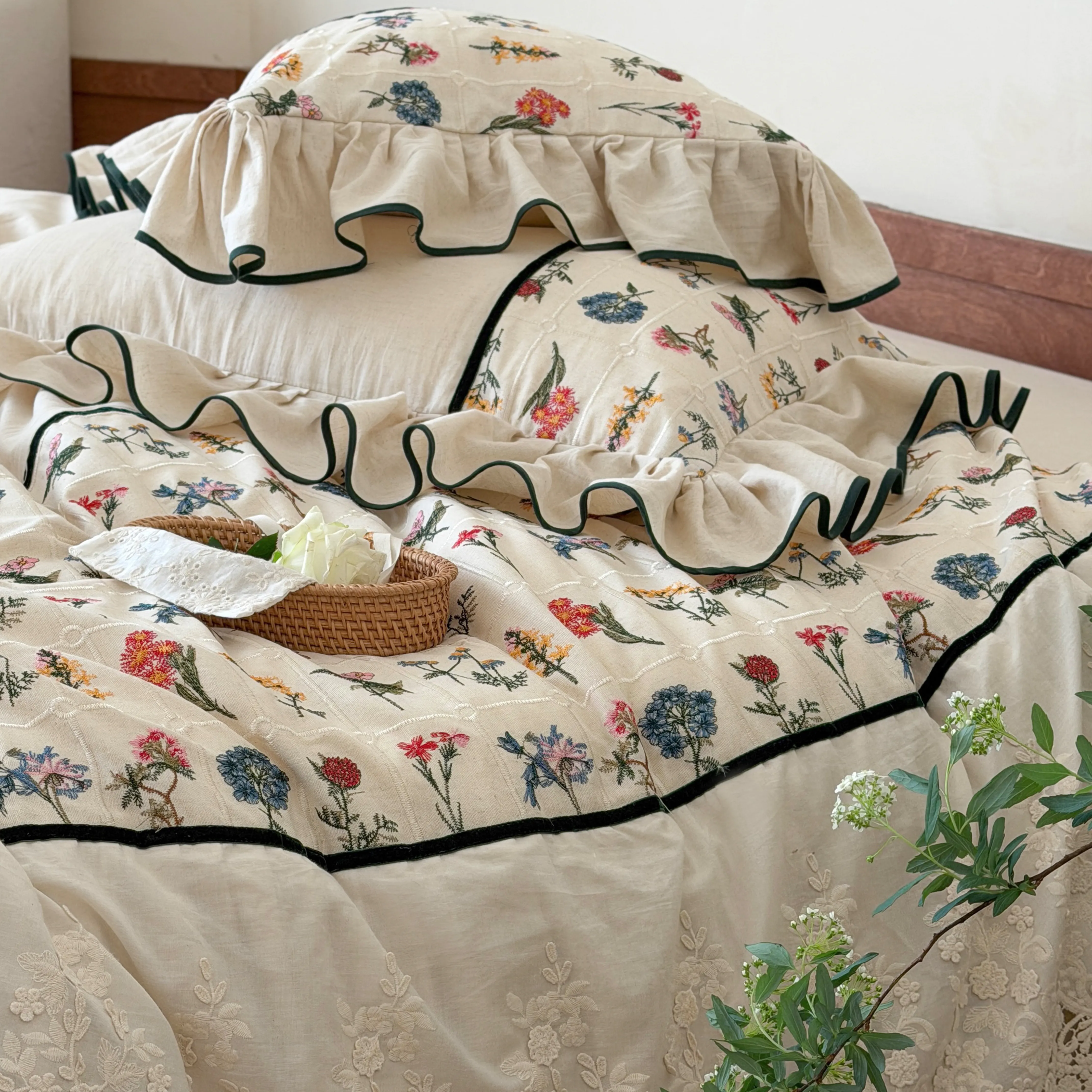 Country Botanical Cotton Linen Floral Embroidered Lace Ruffle Bedding Set13 Country Botanical Cotton Linen Floral Embroidered Lace Ruffle Bedding Set13