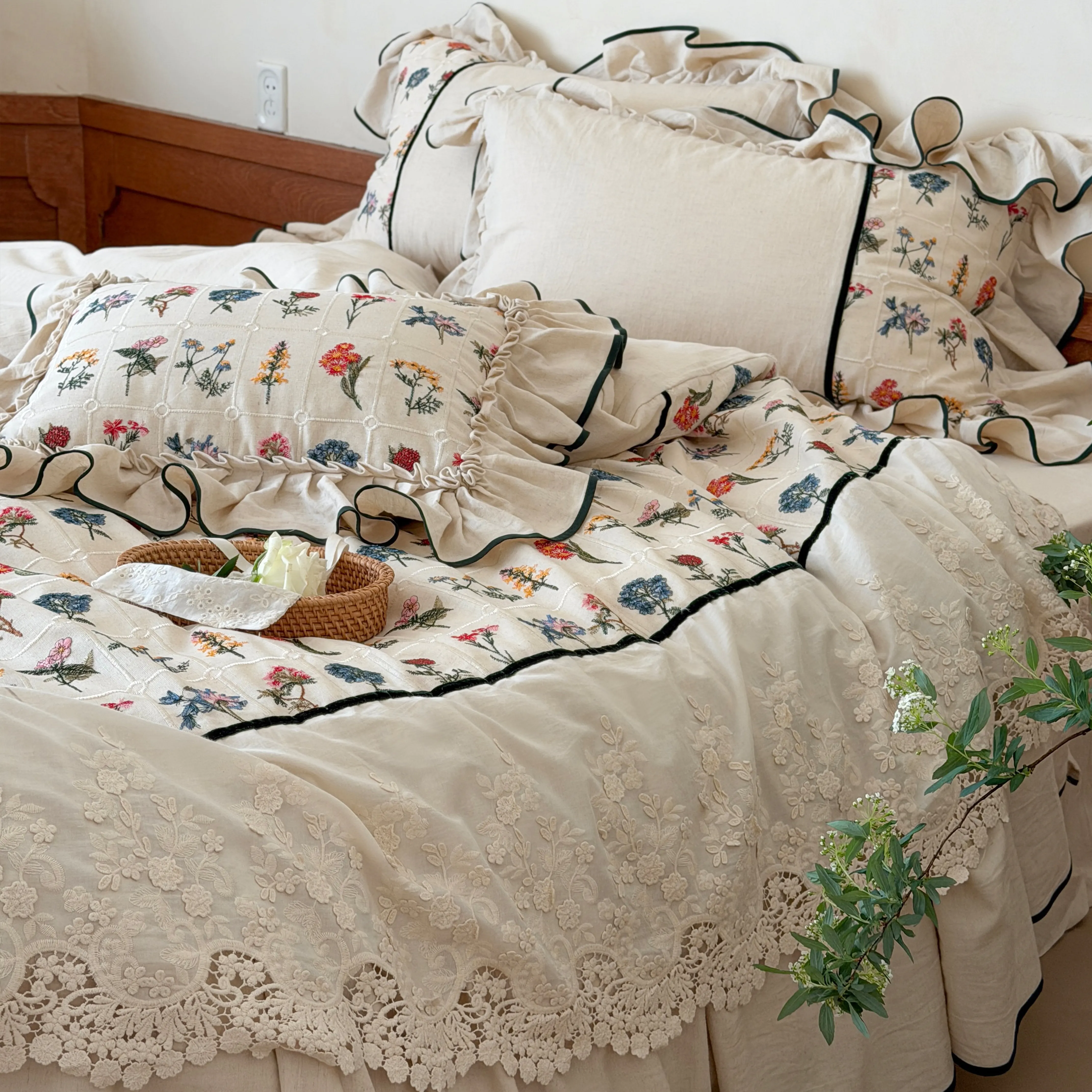Country Botanical Cotton Linen Floral Embroidered Lace Ruffle Bedding Set14 Country Botanical Cotton Linen Floral Embroidered Lace Ruffle Bedding Set14