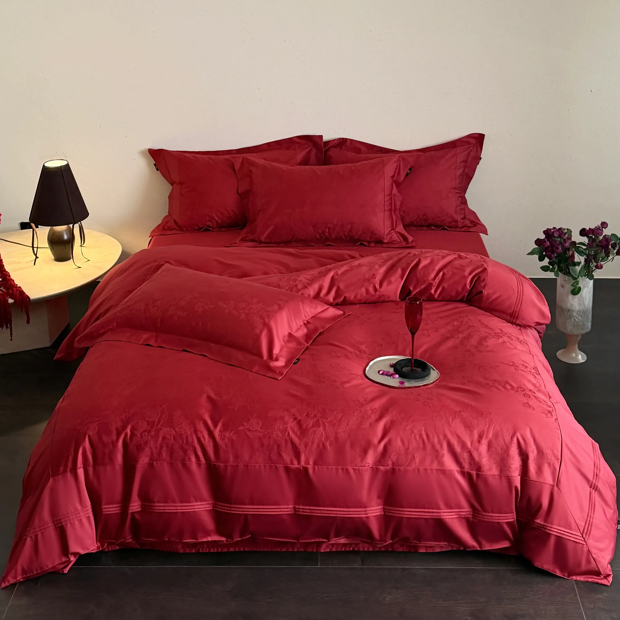 Deep Ruby 100s Long-Staple Cotton Floral Jacquard Thick Weave Bedding 4 Pcs Set