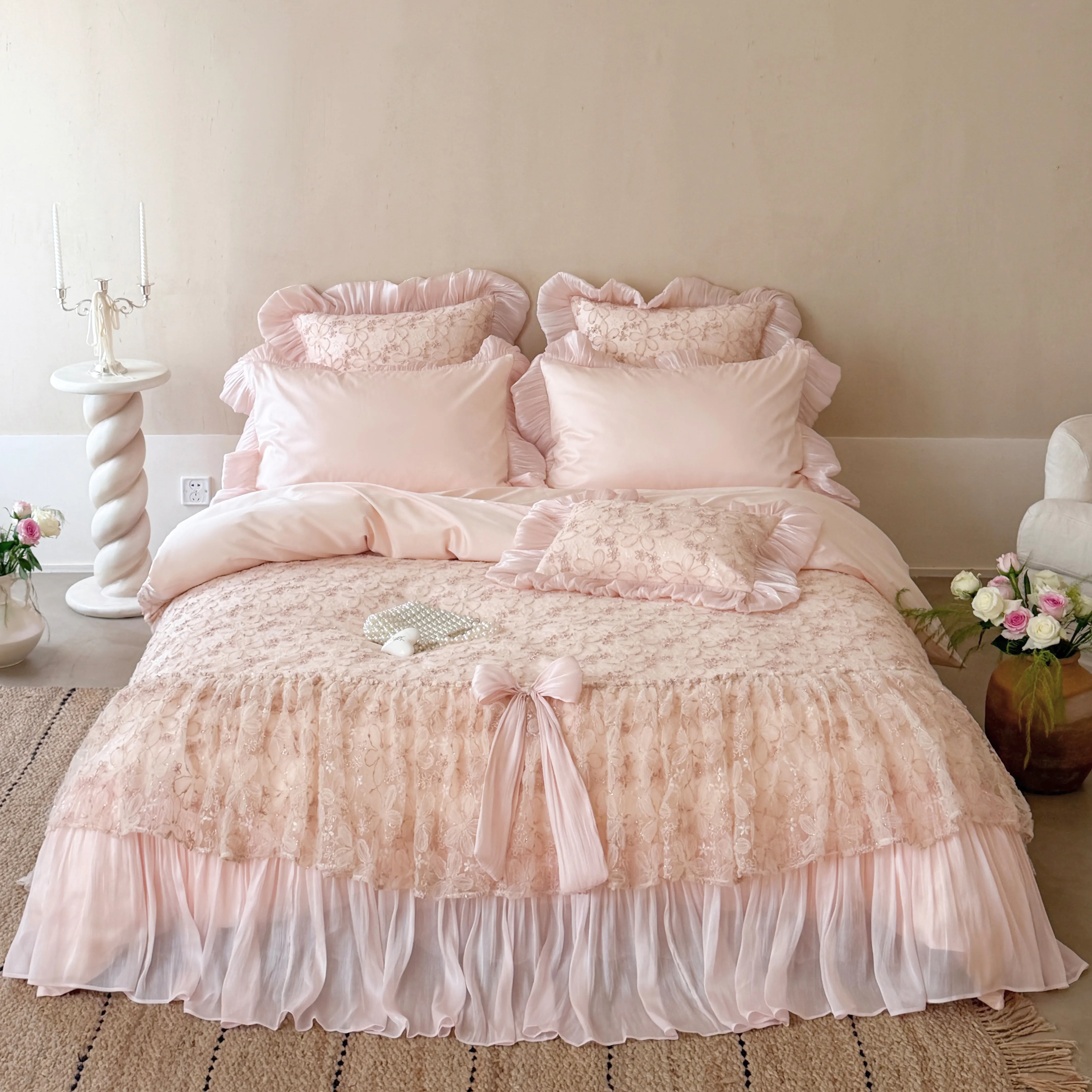 Dreamy Couture 3D Flower Tiered Lace Ruffle Cotton Bedding 4 Pcs Set01
