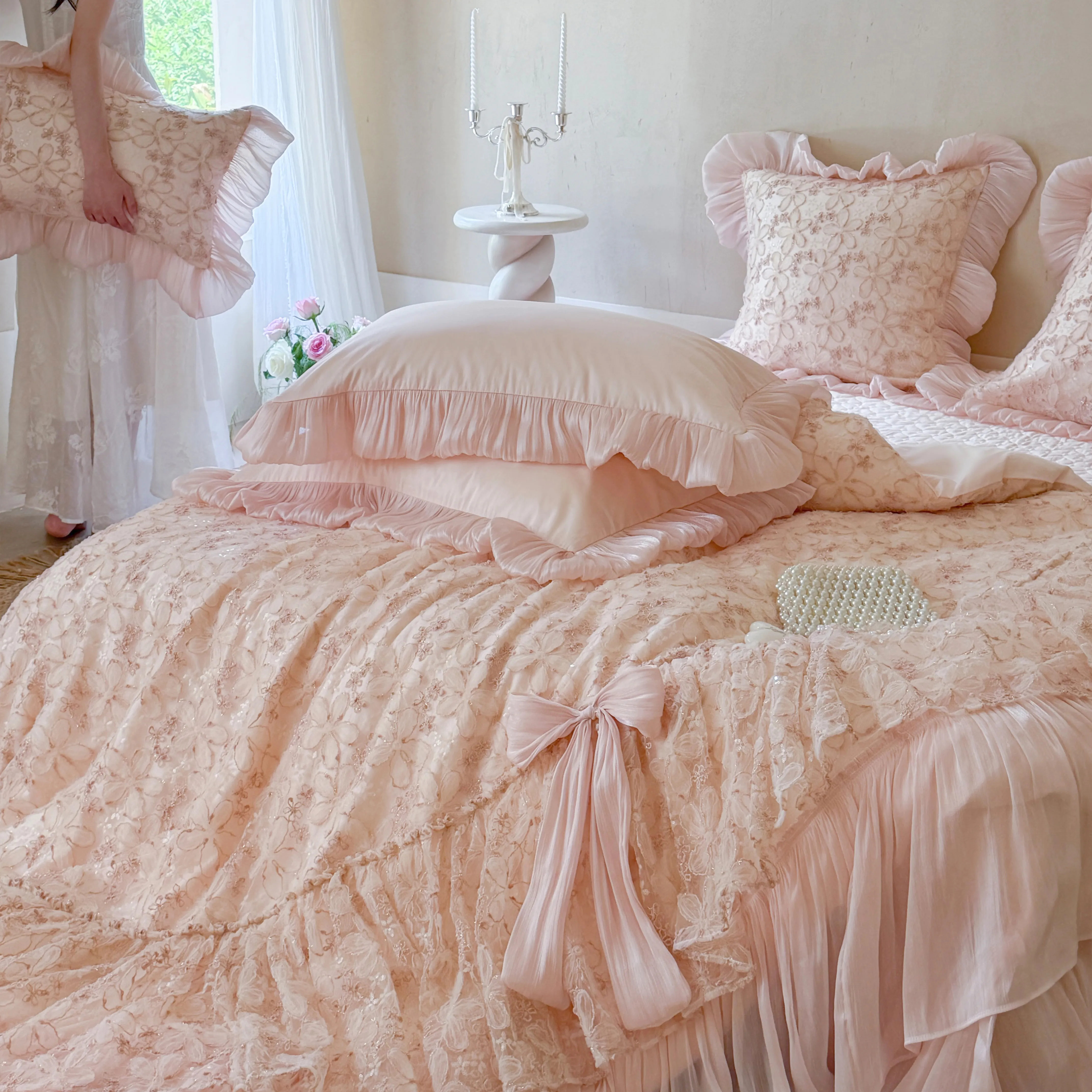 Dreamy Couture 3D Flower Tiered Lace Ruffle Cotton Bedding 4 Pcs Set02
