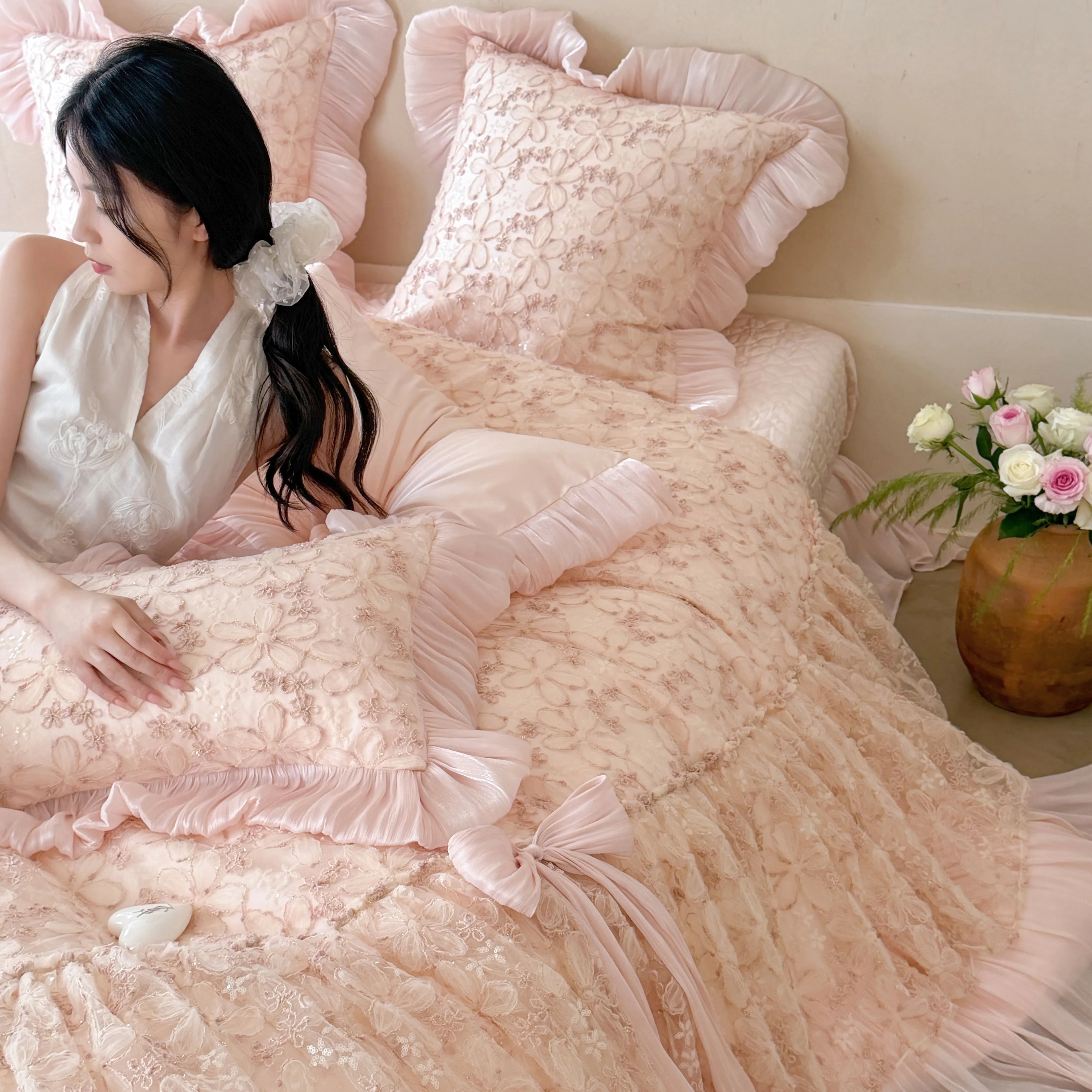 Dreamy Couture 3D Flower Tiered Lace Ruffle Cotton Bedding 4 Pcs Set05 Dreamy Couture 3D Flower Tiered Lace Ruffle Cotton Bedding 4 Pcs Set05