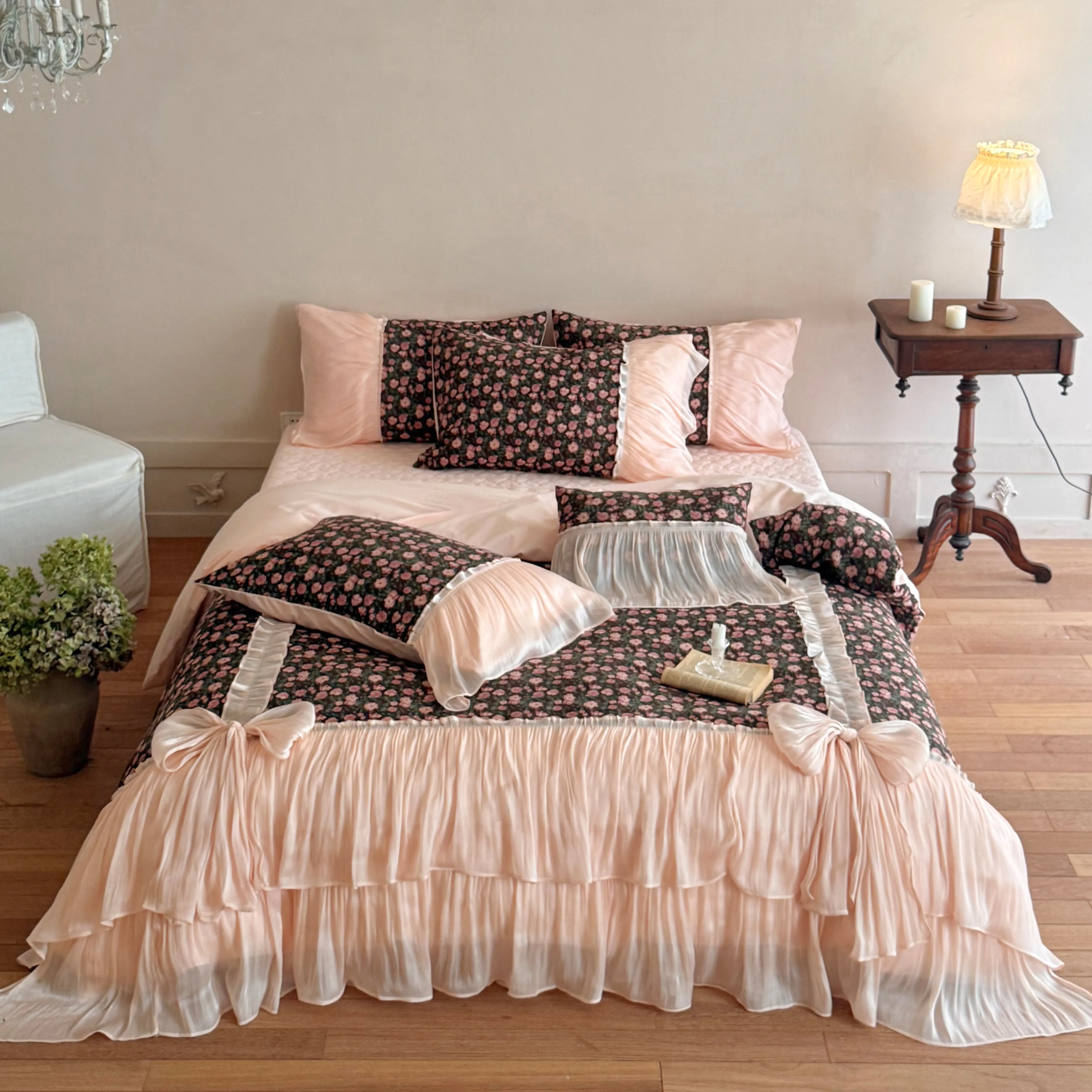 French Cottagecore Floral Print Brushed Cotton 4 Piece Bedding Set with Bows01