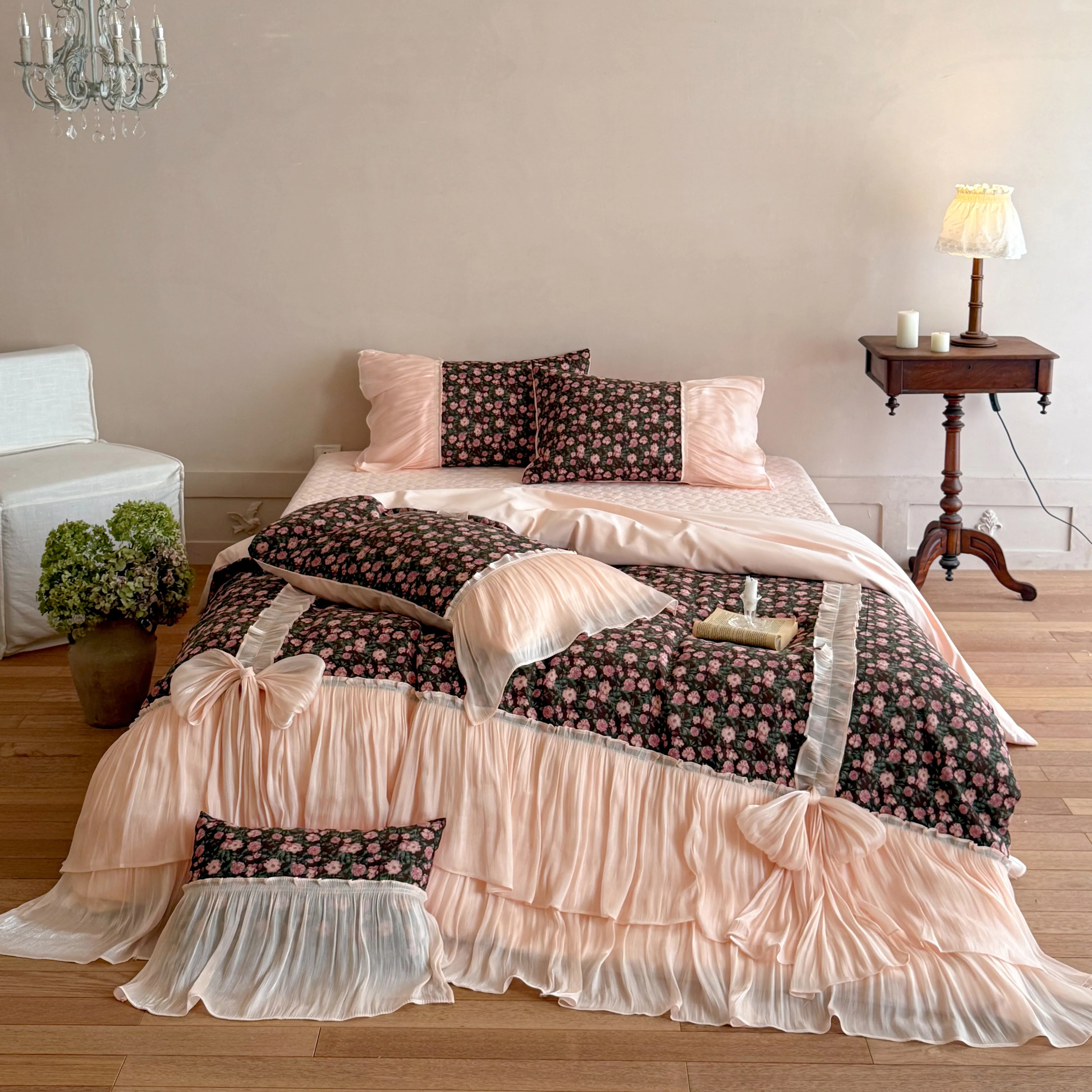 French Cottagecore Floral Print Brushed Cotton 4 Piece Bedding Set with Bows02