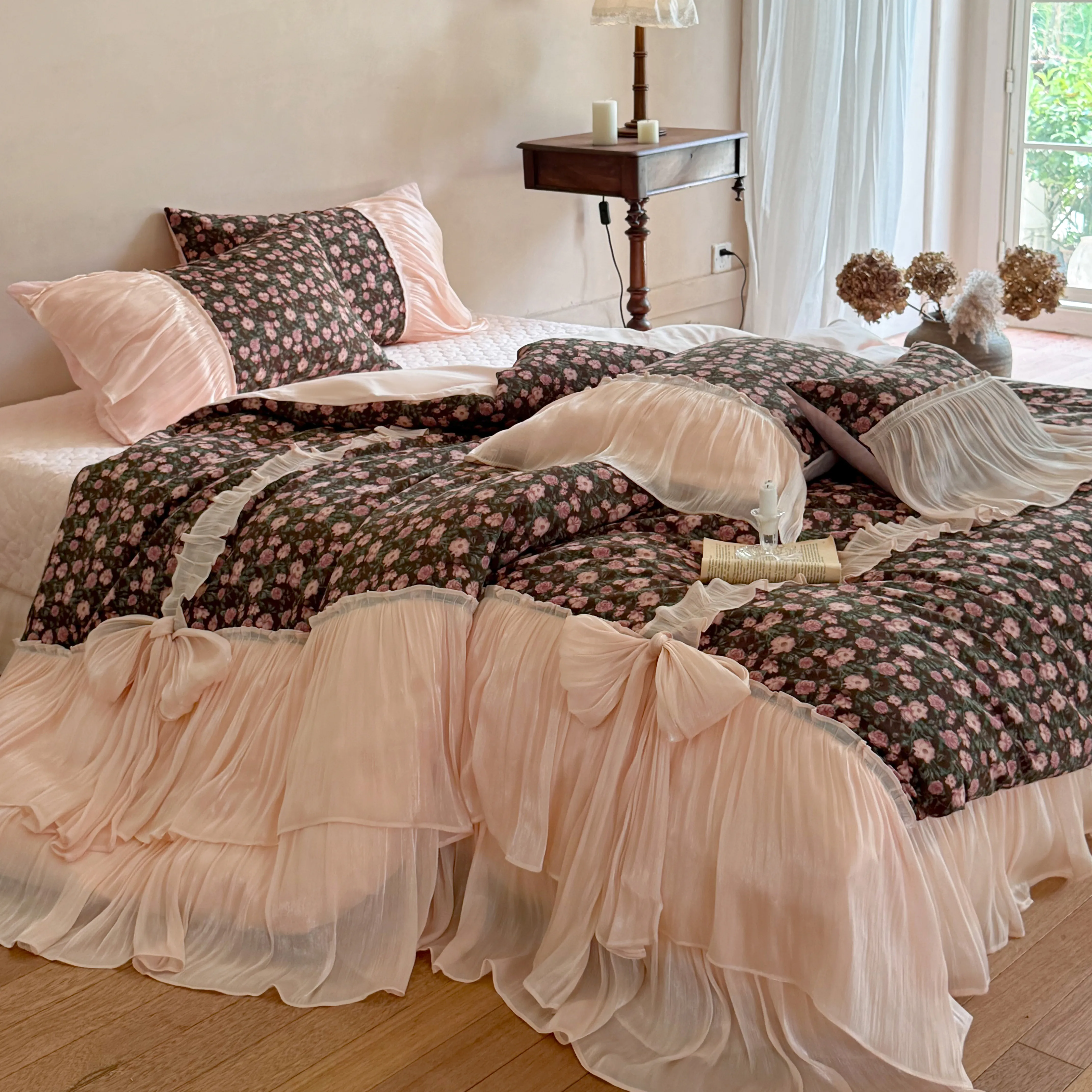French Cottagecore Floral Print Brushed Cotton 4-Piece Bedding Set with Bows03 French Cottagecore Floral Print Brushed Cotton 4 Piece Bedding Set with Bows03