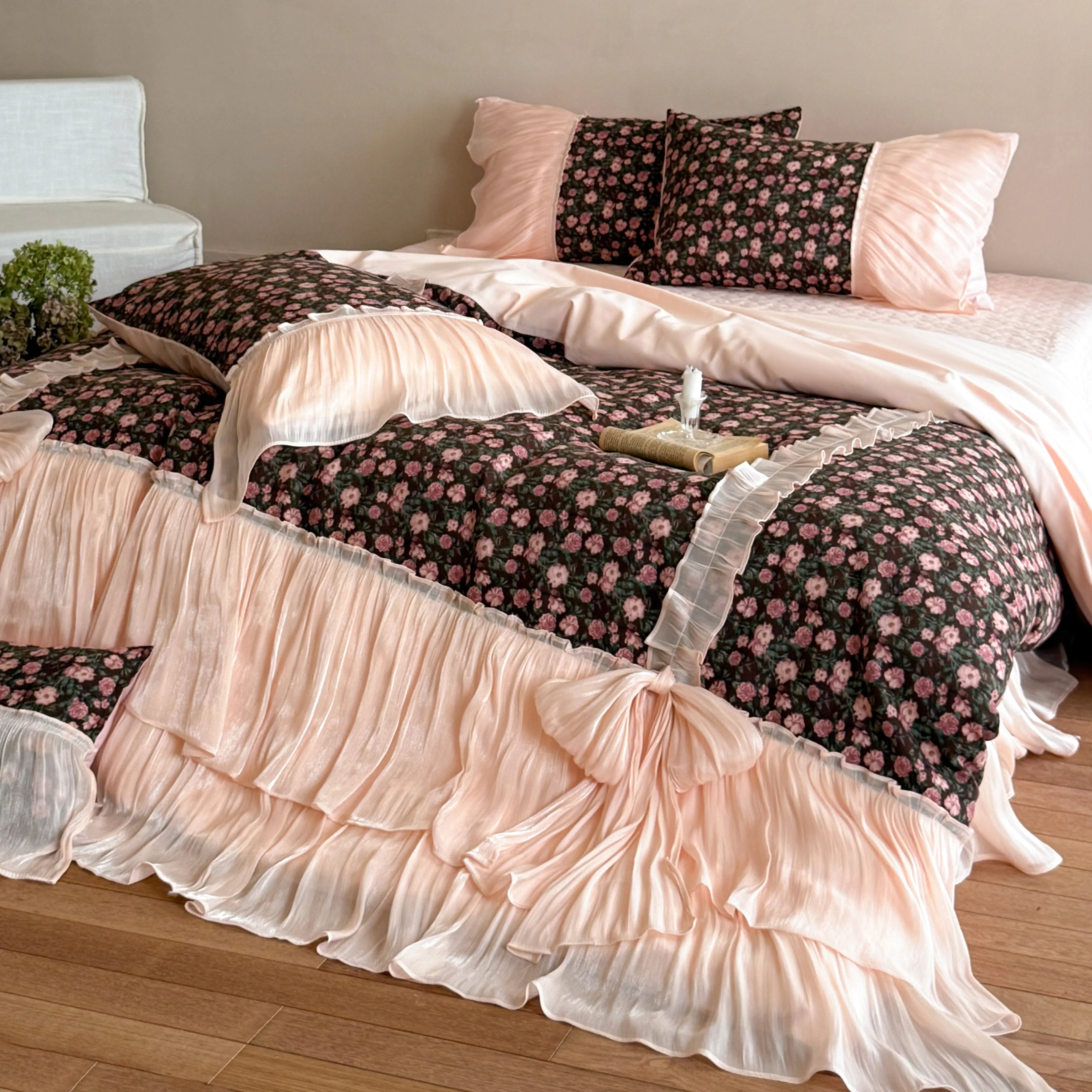 French Cottagecore Floral Print Brushed Cotton 4-Piece Bedding Set with Bows04 French Cottagecore Floral Print Brushed Cotton 4 Piece Bedding Set with Bows04