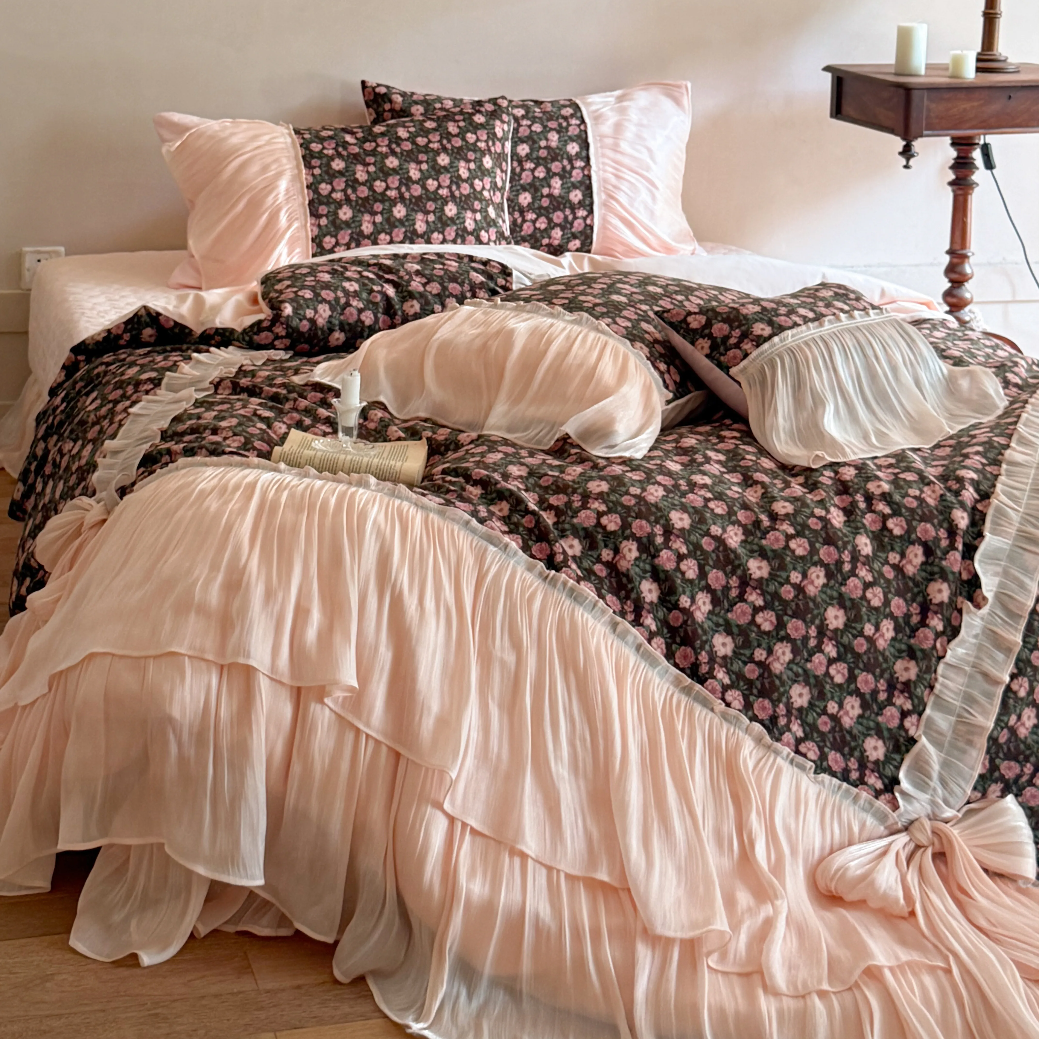 French Cottagecore Floral Print Brushed Cotton 4-Piece Bedding Set with Bows05 French Cottagecore Floral Print Brushed Cotton 4 Piece Bedding Set with Bows05