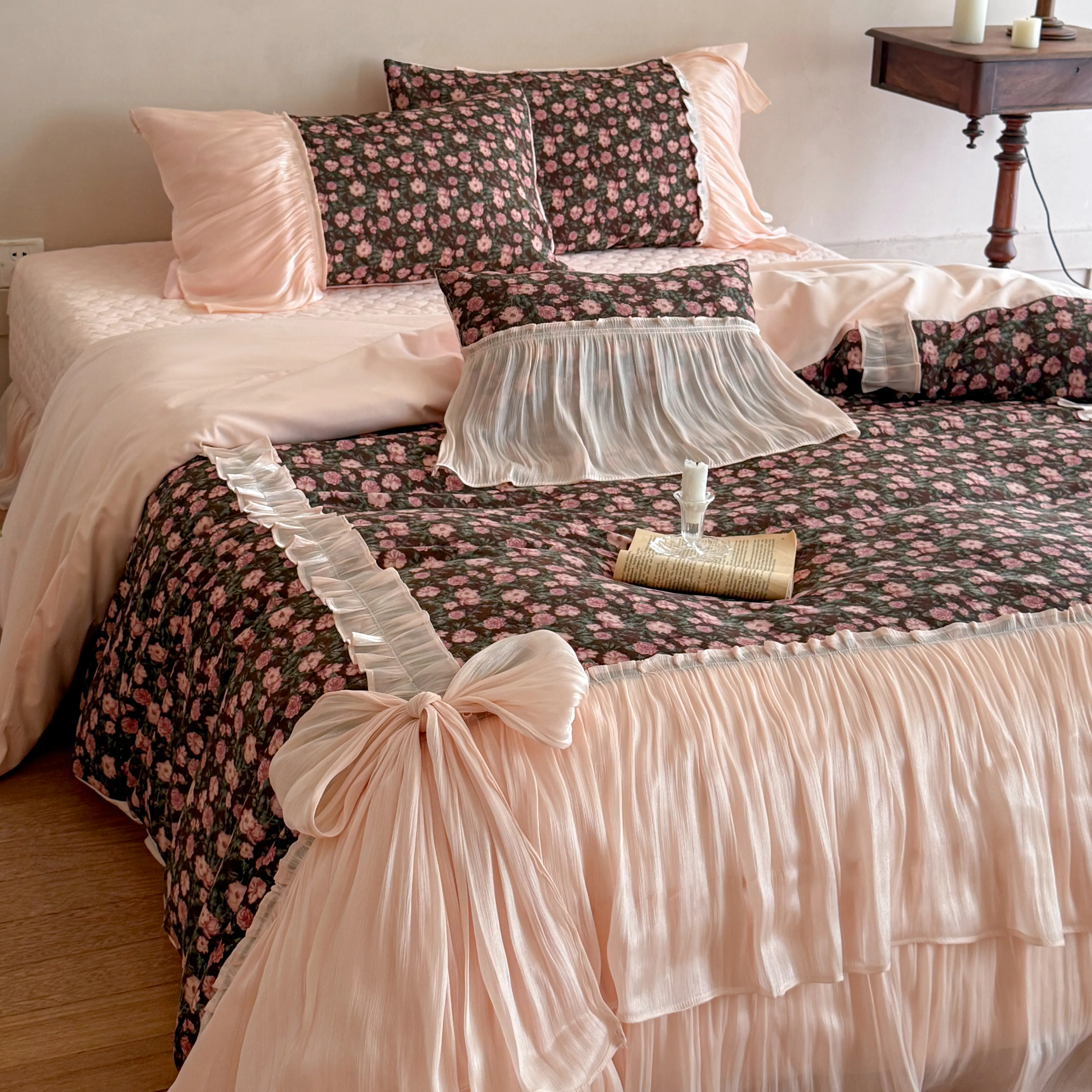 French Cottagecore Floral Print Brushed Cotton 4-Piece Bedding Set with Bows06 French Cottagecore Floral Print Brushed Cotton 4 Piece Bedding Set with Bows06
