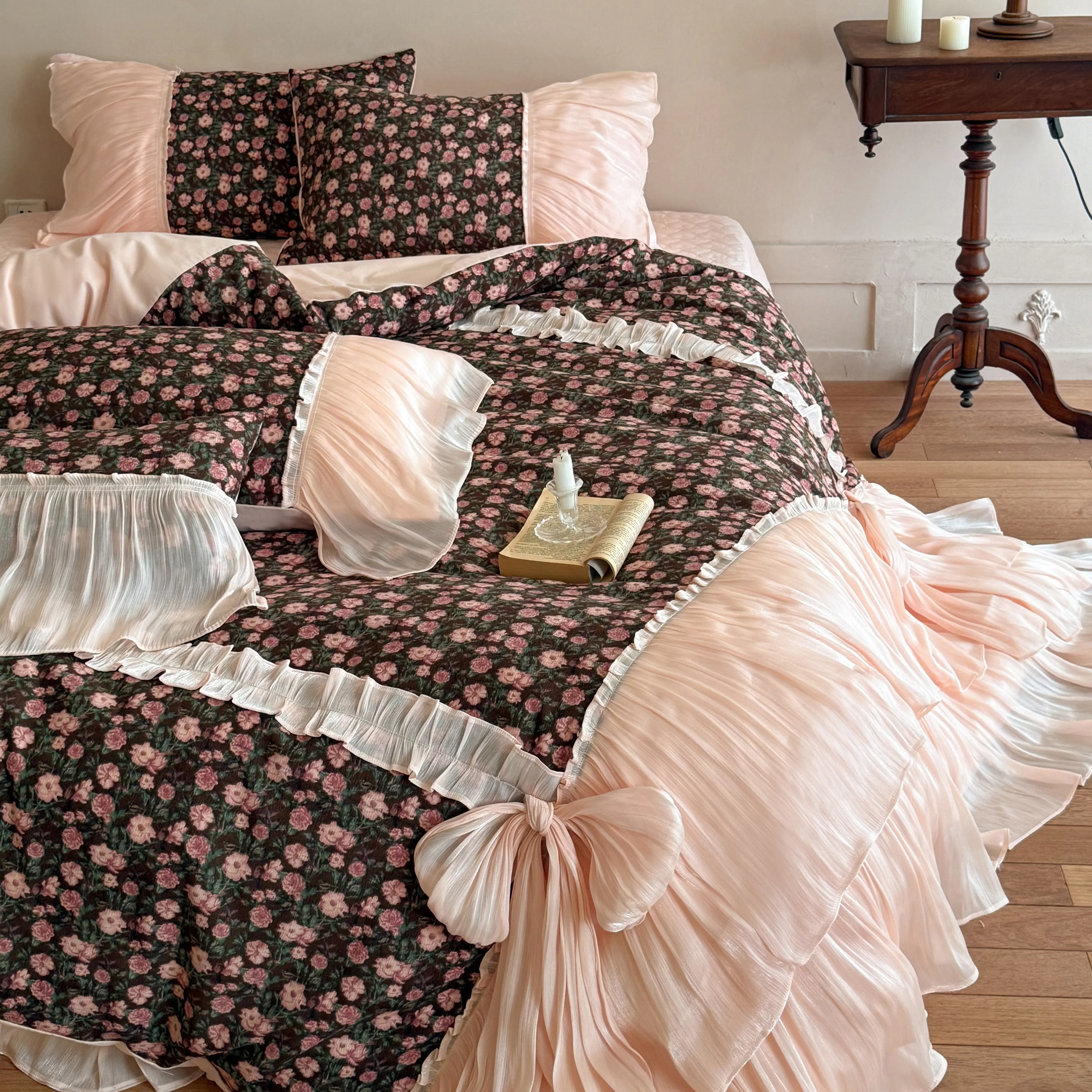 French Cottagecore Floral Print Brushed Cotton 4-Piece Bedding Set with Bows07 French Cottagecore Floral Print Brushed Cotton 4 Piece Bedding Set with Bows07