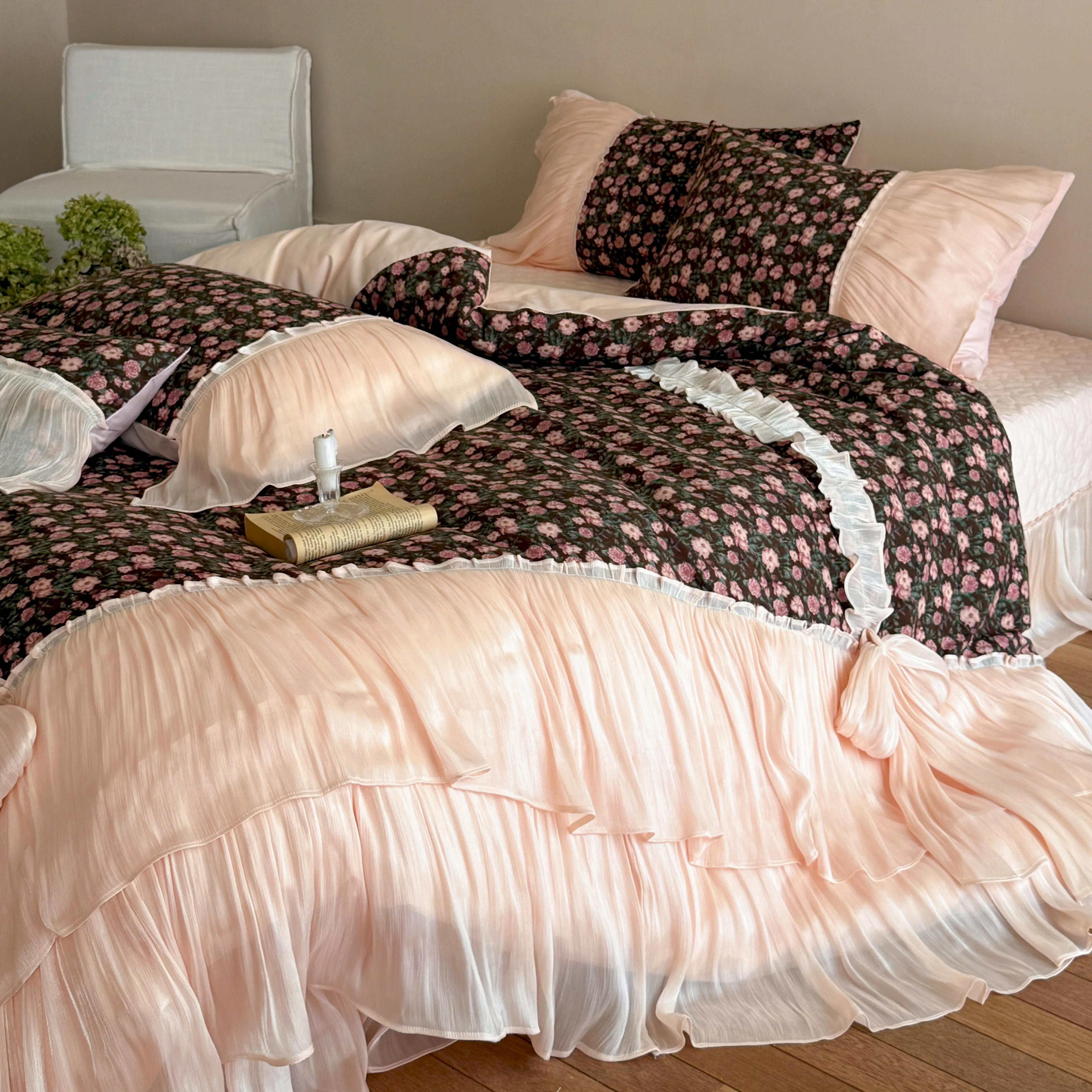 French Cottagecore Floral Print Brushed Cotton 4-Piece Bedding Set with Bows08 French Cottagecore Floral Print Brushed Cotton 4 Piece Bedding Set with Bows08