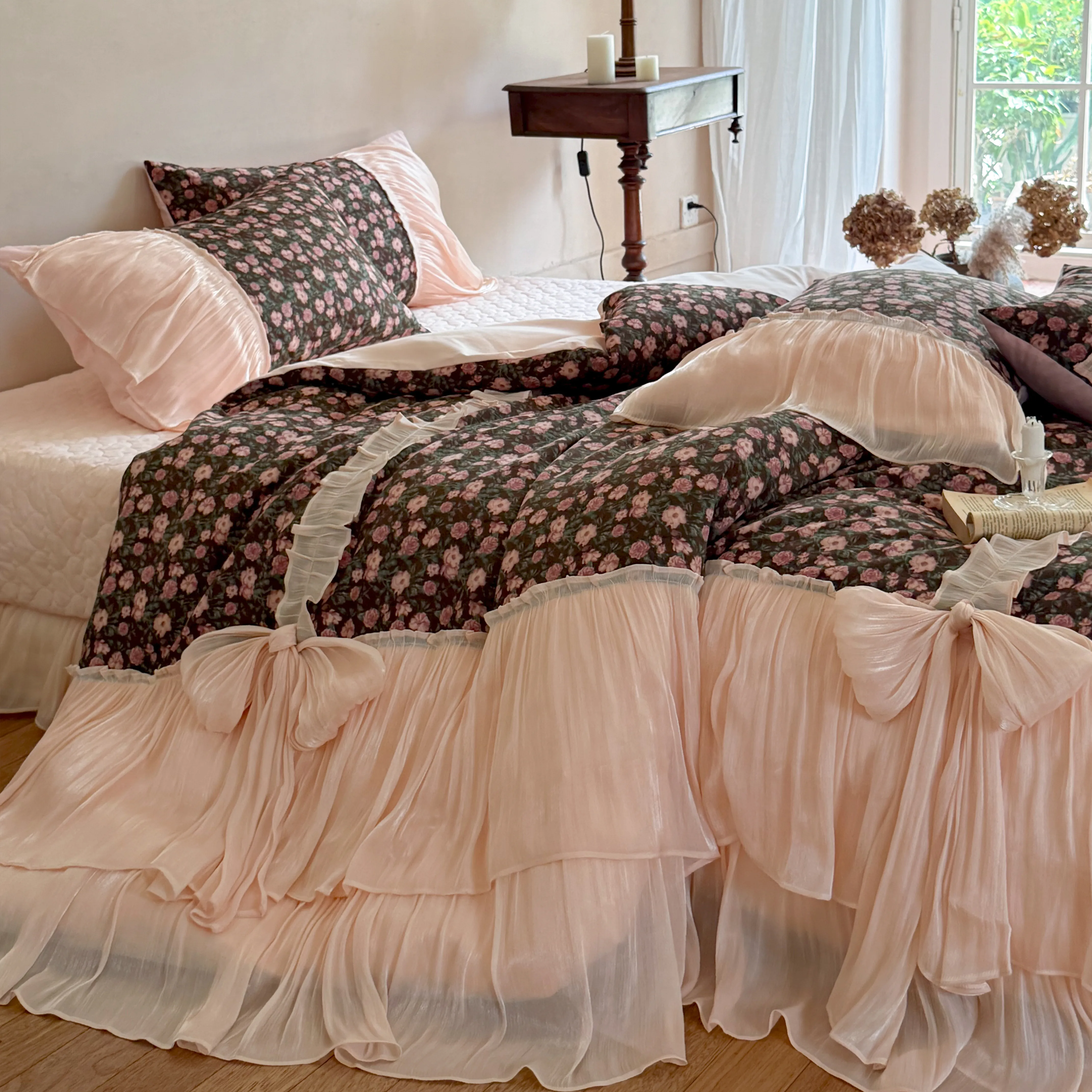 French Cottagecore Floral Print Brushed Cotton 4-Piece Bedding Set with Bows09 French Cottagecore Floral Print Brushed Cotton 4 Piece Bedding Set with Bows09