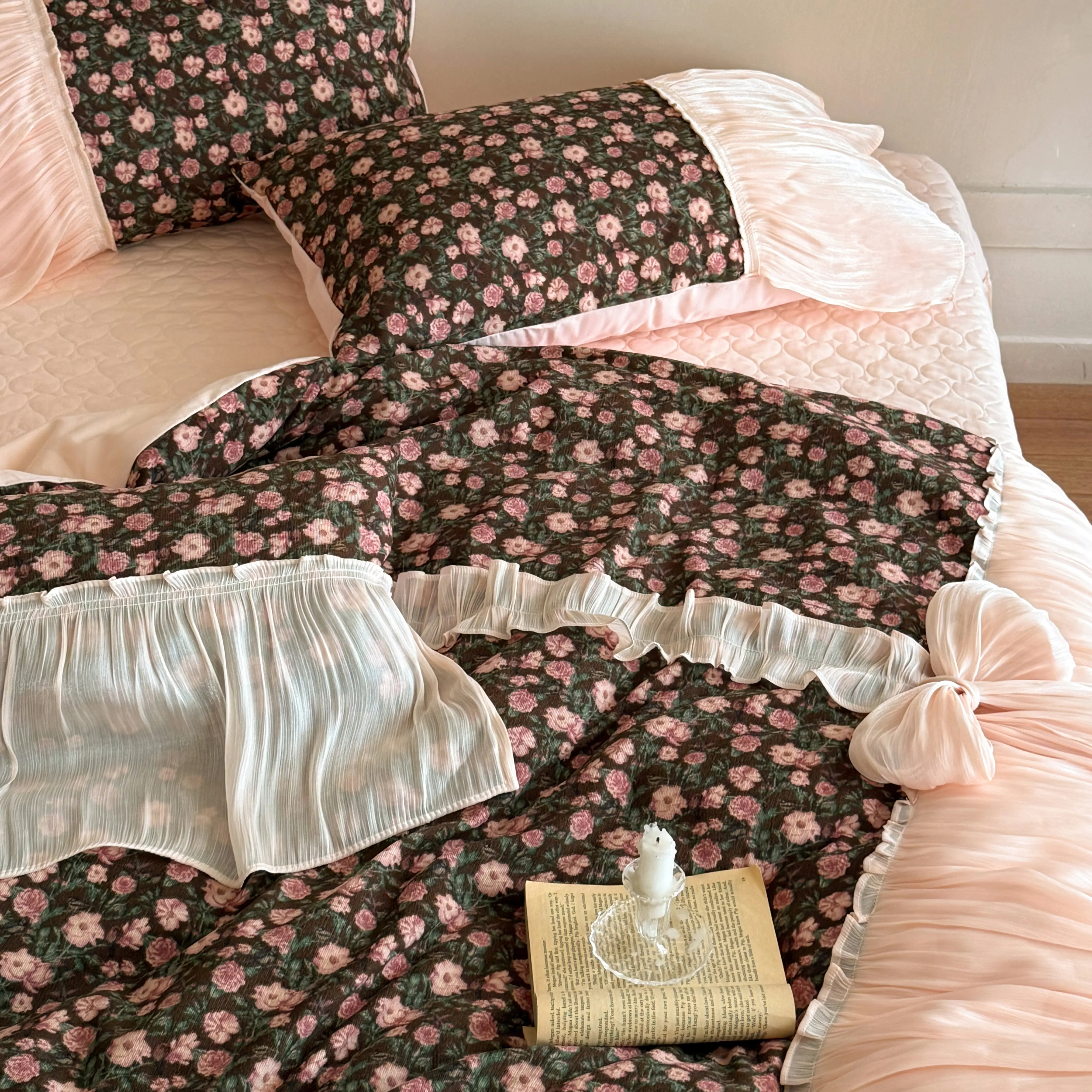 French Cottagecore Floral Print Brushed Cotton 4-Piece Bedding Set with Bows12 French Cottagecore Floral Print Brushed Cotton 4 Piece Bedding Set with Bows12