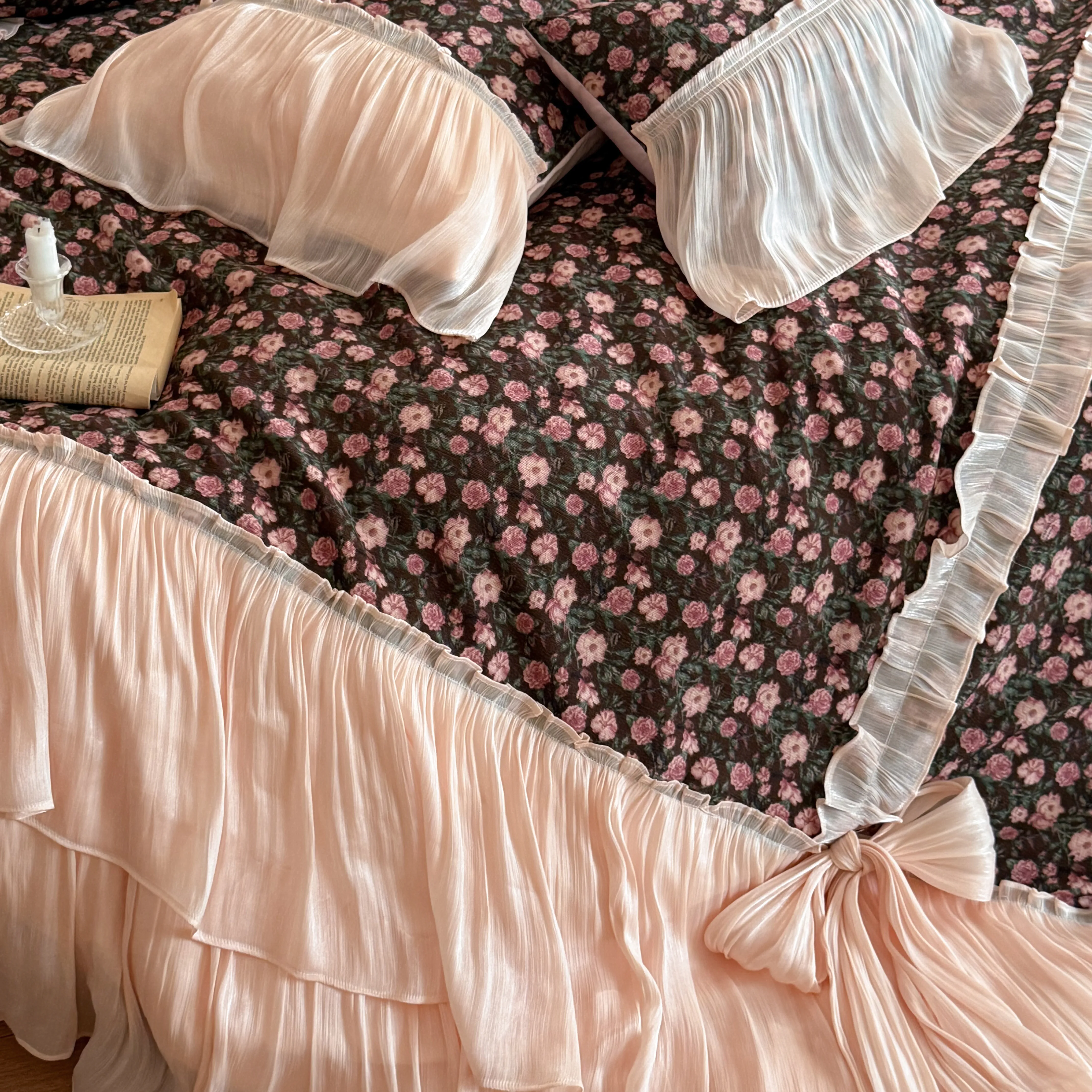 French Cottagecore Floral Print Brushed Cotton 4-Piece Bedding Set with Bows13 French Cottagecore Floral Print Brushed Cotton 4 Piece Bedding Set with Bows13