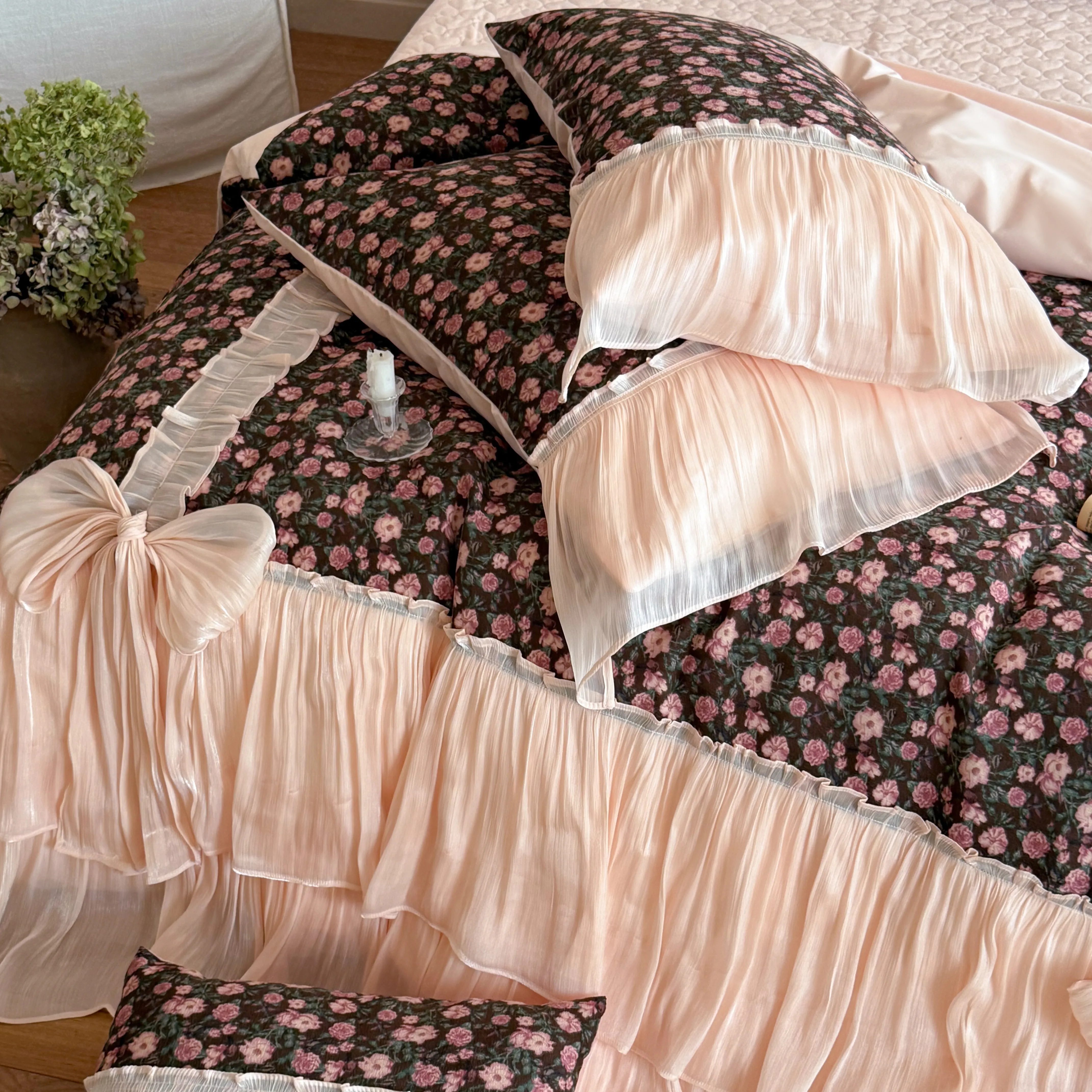French Cottagecore Floral Print Brushed Cotton 4-Piece Bedding Set with Bows14 French Cottagecore Floral Print Brushed Cotton 4 Piece Bedding Set with Bows14