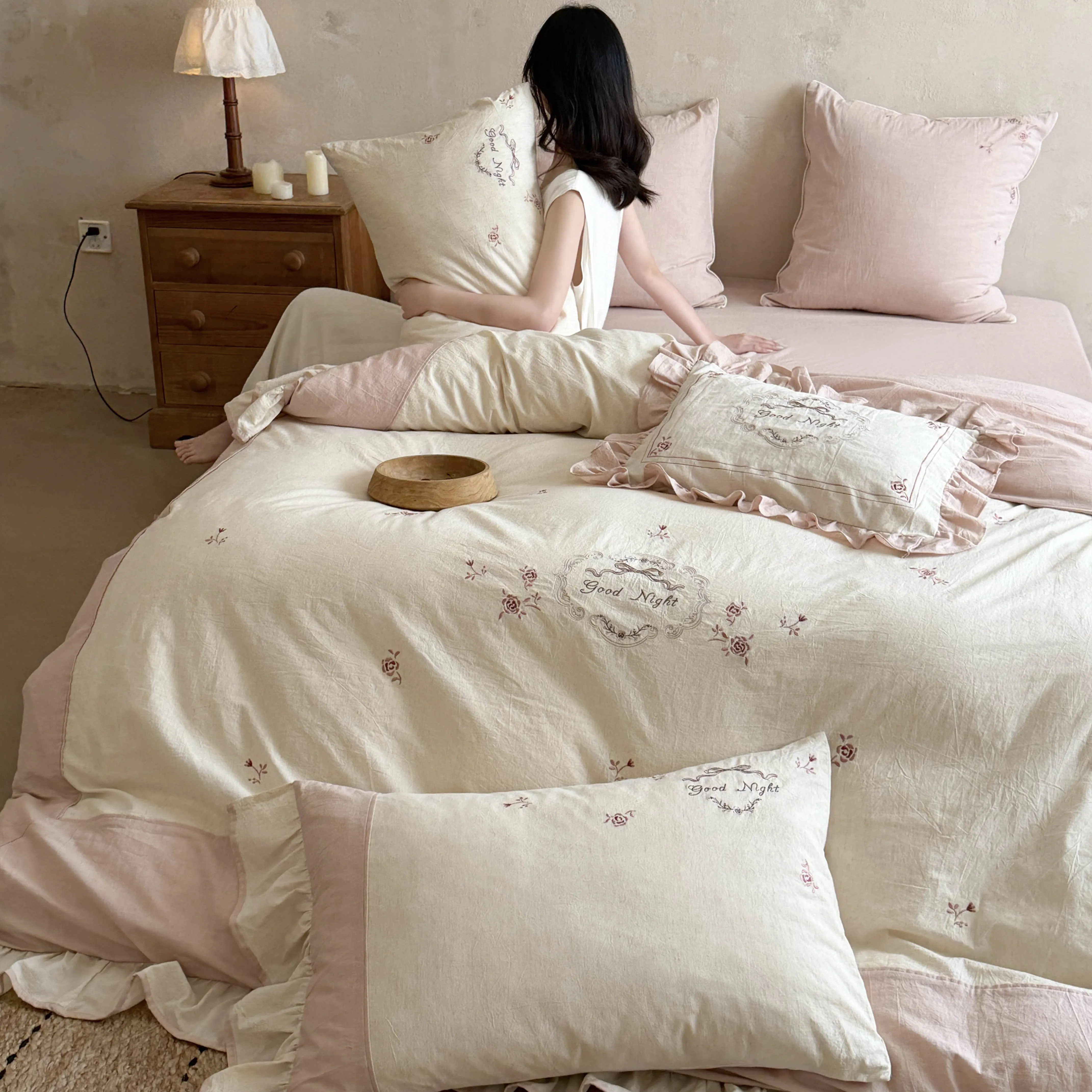 French Country Style Embroidered Soft Cotton Linen Four Piece Bedding Set02