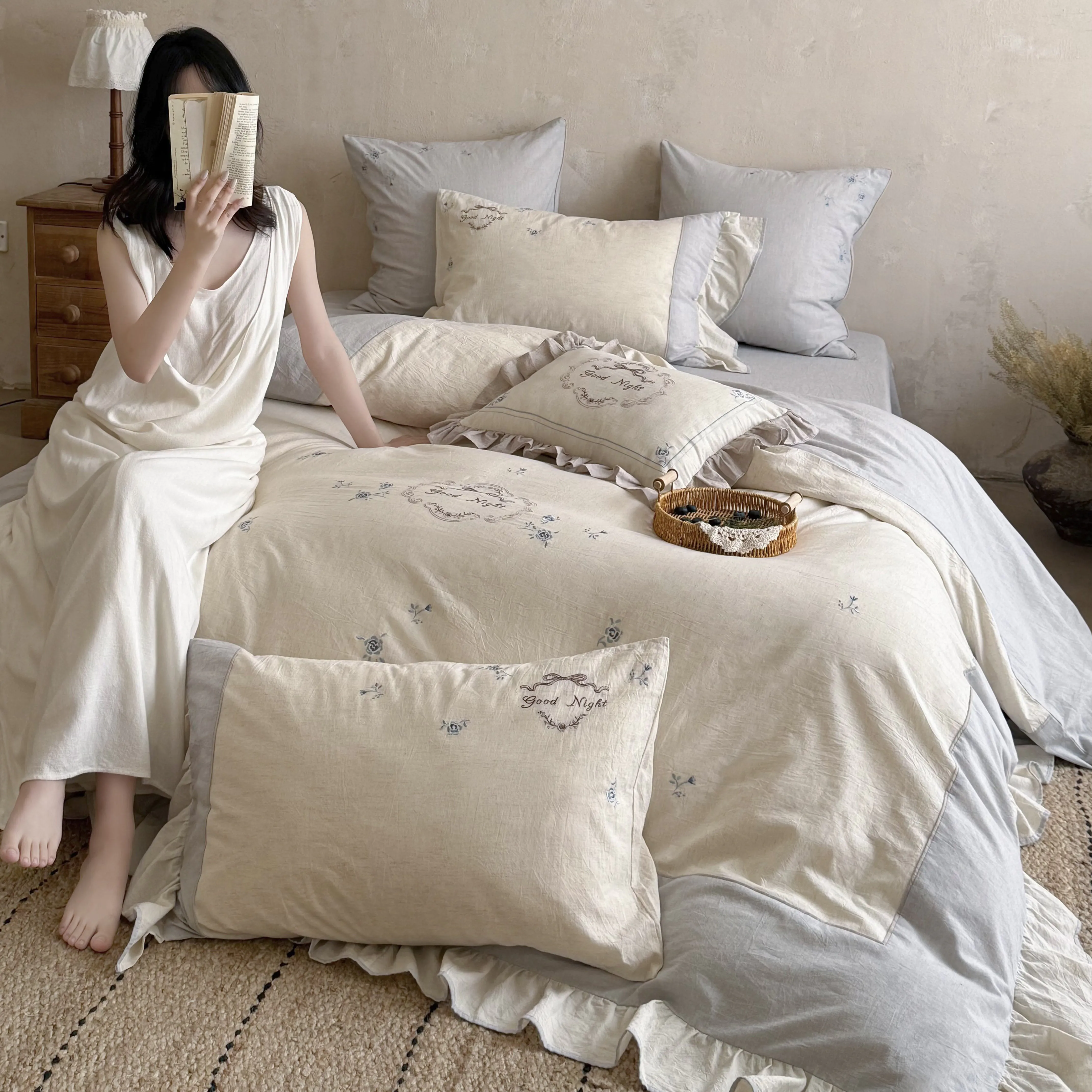 French Country Style Embroidered Soft Cotton Linen Four-Piece Bedding Set09 French Country Style Embroidered Soft Cotton Linen Four Piece Bedding Set09