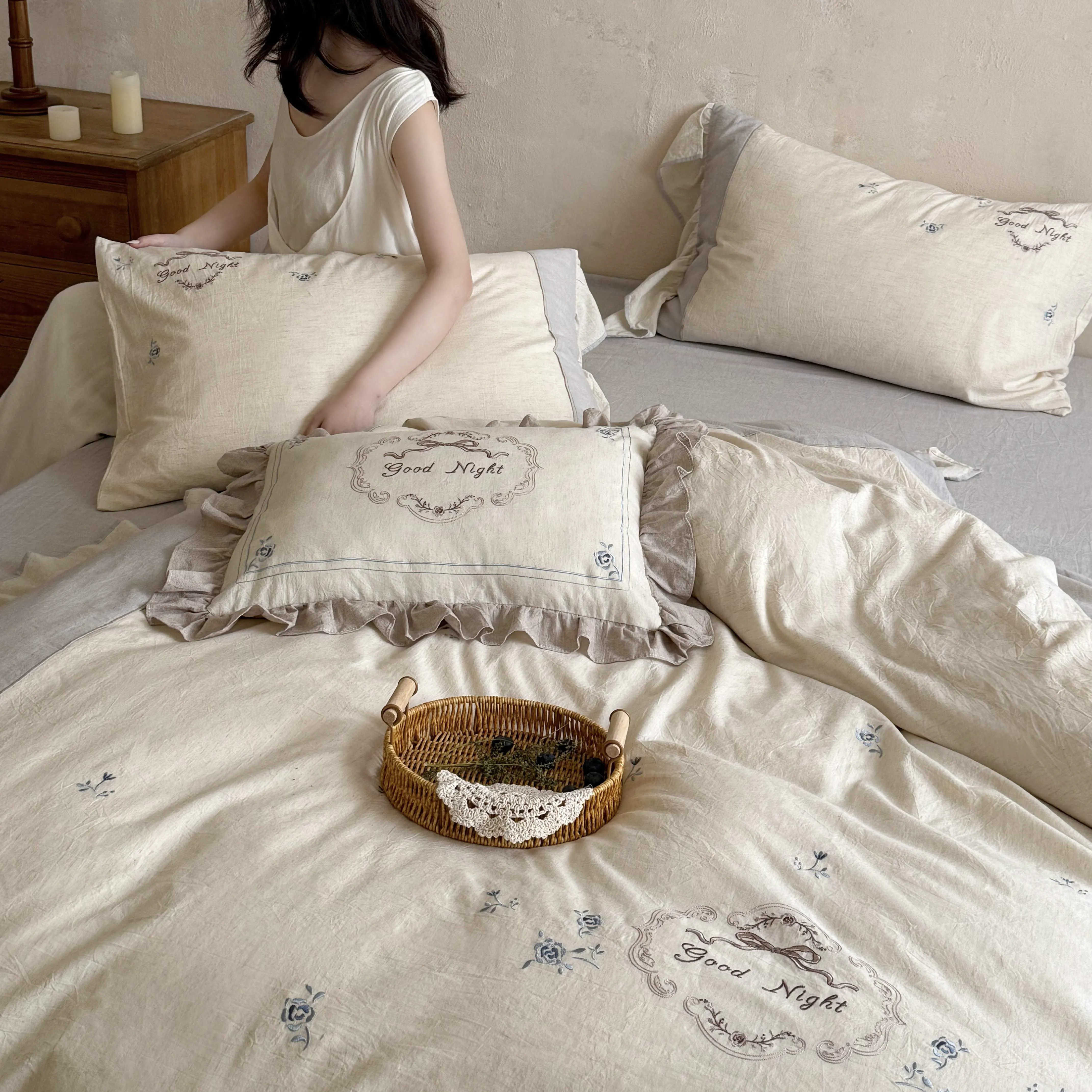 French Country Style Embroidered Soft Cotton Linen Four-Piece Bedding Set11 French Country Style Embroidered Soft Cotton Linen Four Piece Bedding Set11
