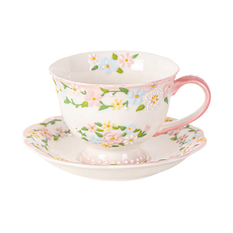 Hand Painted Underglaze Embossed Floral Ceramic Cup Saucer Set