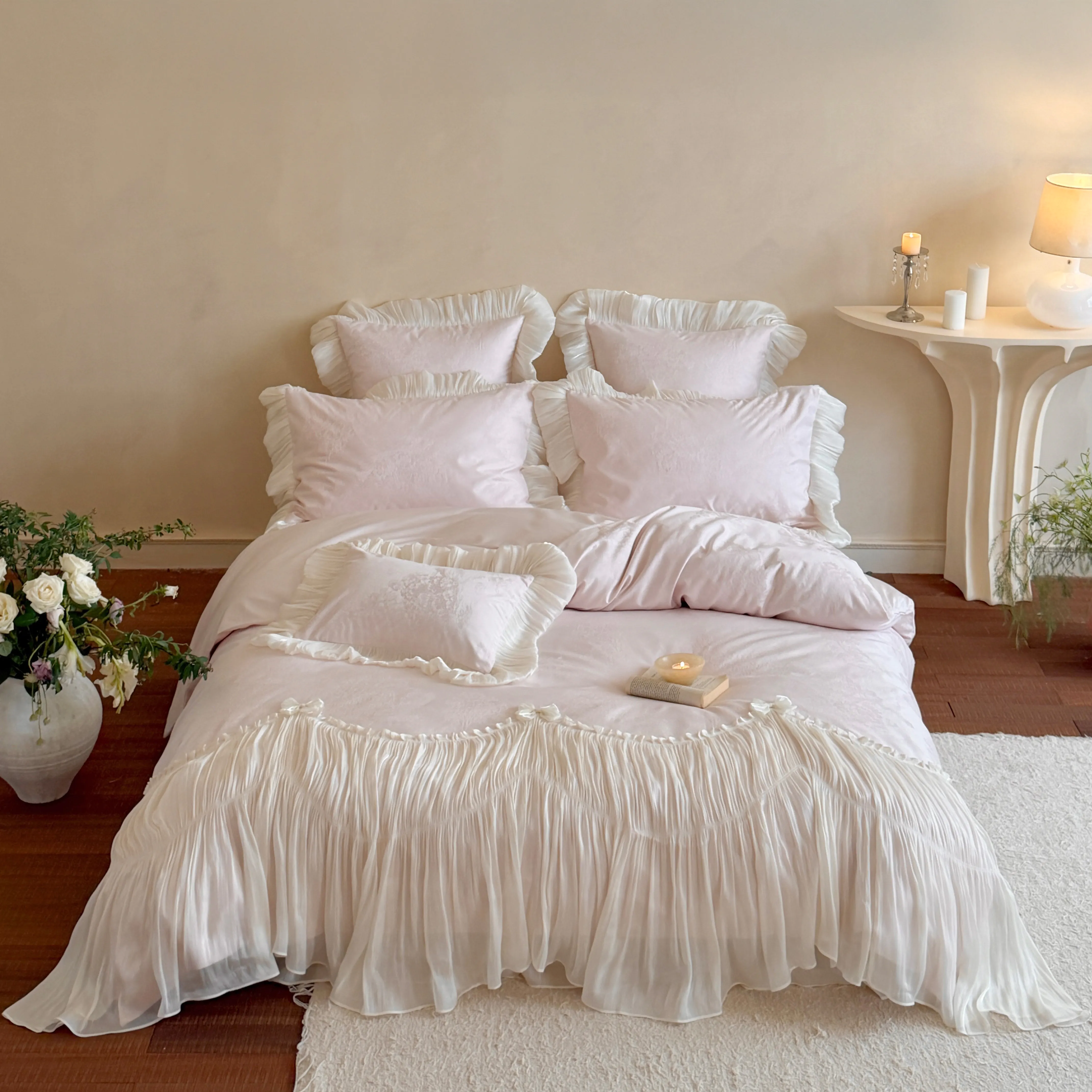 Luxurious Vintage 100s Double Ply Long Staple Cotton Ruffled Bedding Set01