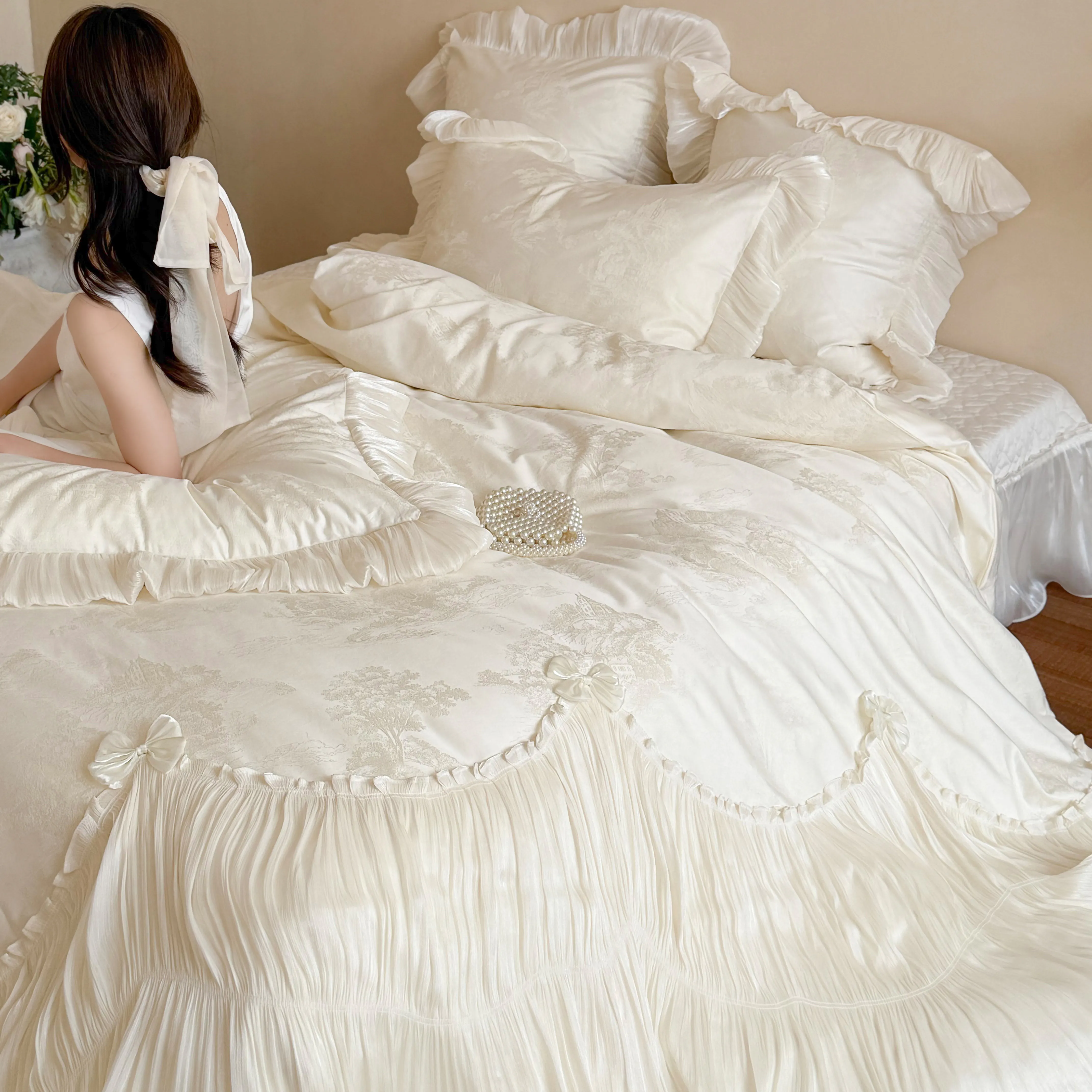 Luxurious Vintage 100s Double-Ply Long-Staple Cotton Ruffled Bedding Set16 Luxurious Vintage 100s Double Ply Long Staple Cotton Ruffled Bedding Set16