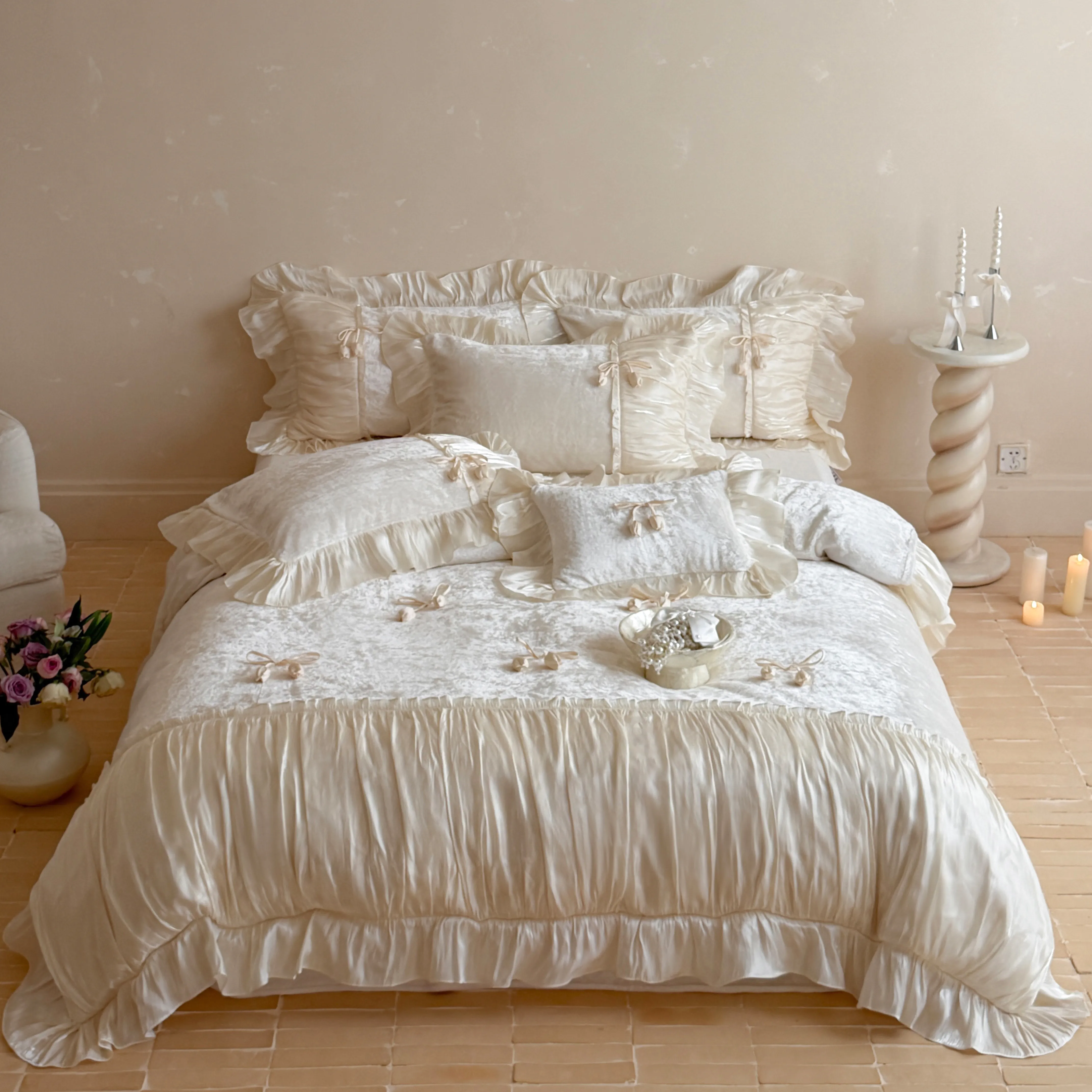 Luxury 380g Cloud Matte Milk Velvet 3D Tulip Bows Ruffle Lace Bedding Set01