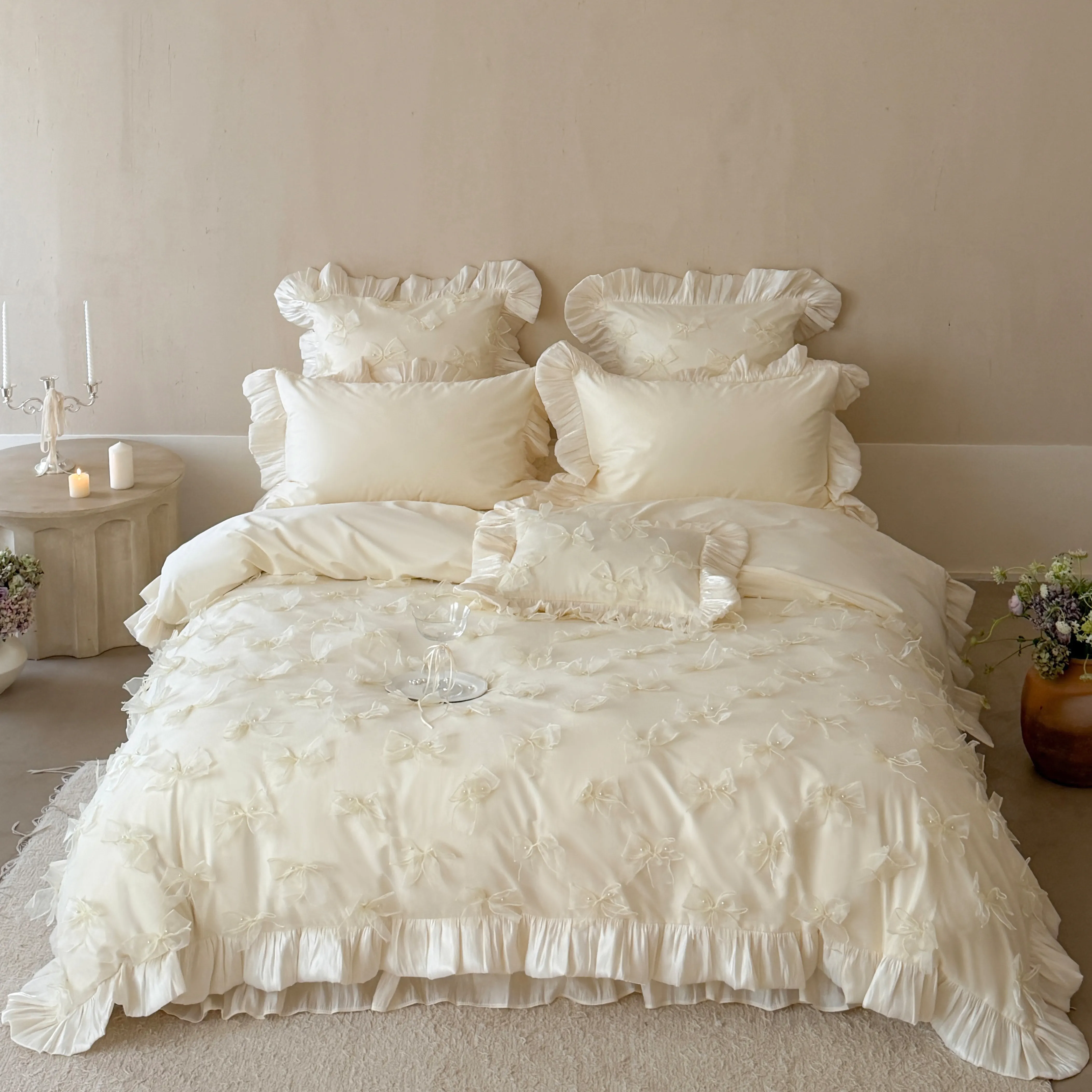 Princess 100 Long Staple Cotton 3D Tulle Bow Duvet Cover Bedding Set01