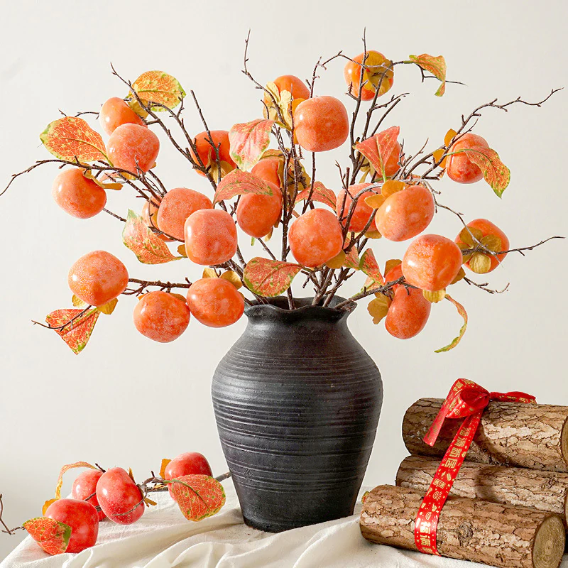 Realistic 7-Head Faux Persimmon Fruit Twig with Leaves Arrangement