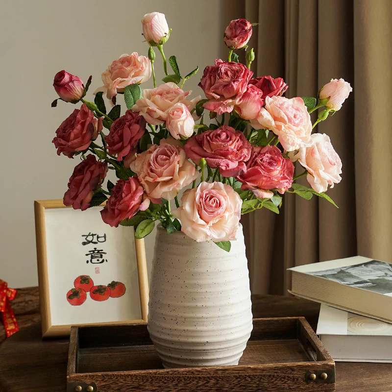 Realistic Burnt Edge Rose Artificial Flowers for Table Decor