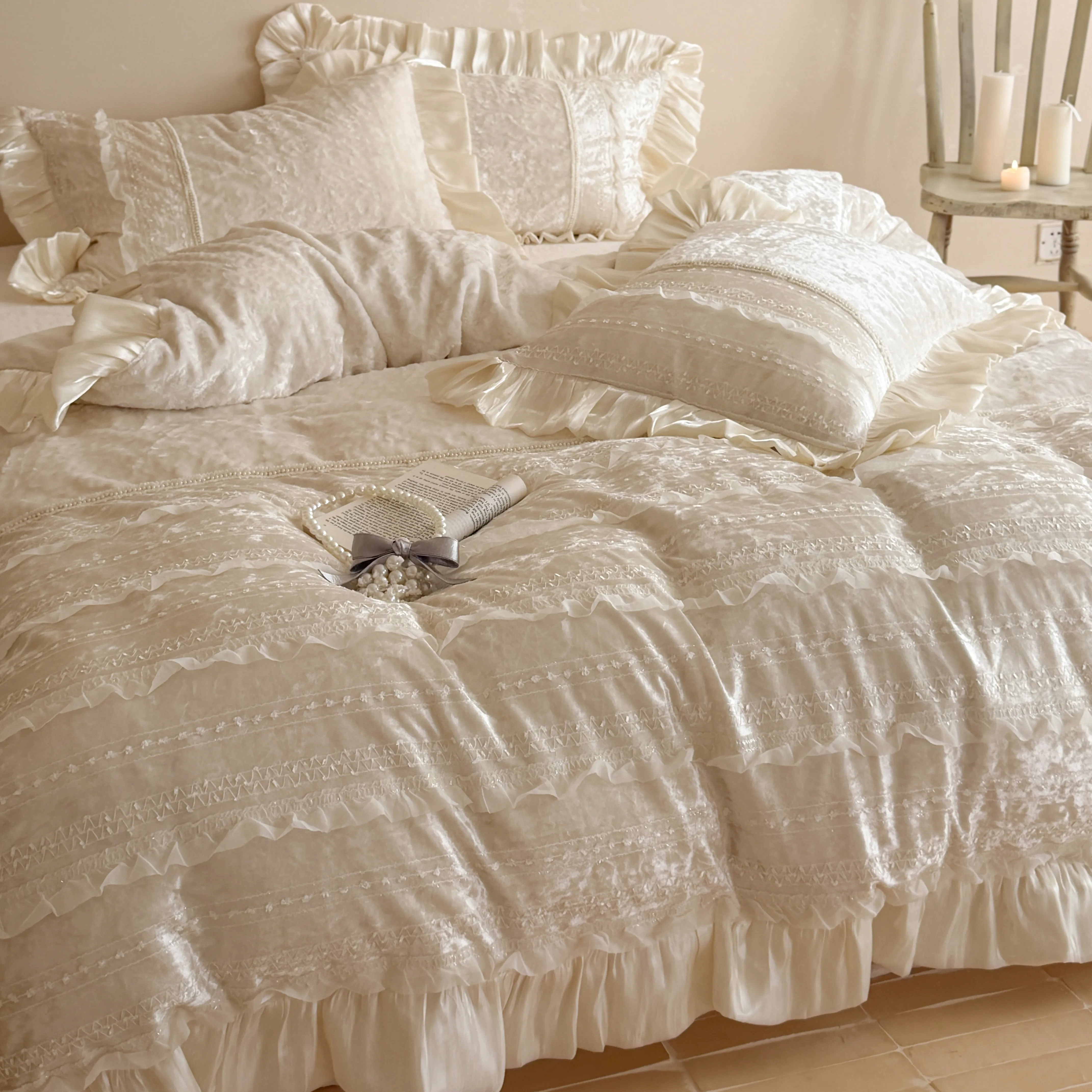 Romantic 380g Cloudy Matte Milk Velvet Ruffle Trim Patchwork Bedding Set03 Romantic 380g Cloudy Matte Milk Velvet Ruffle Trim Patchwork Bedding Set03